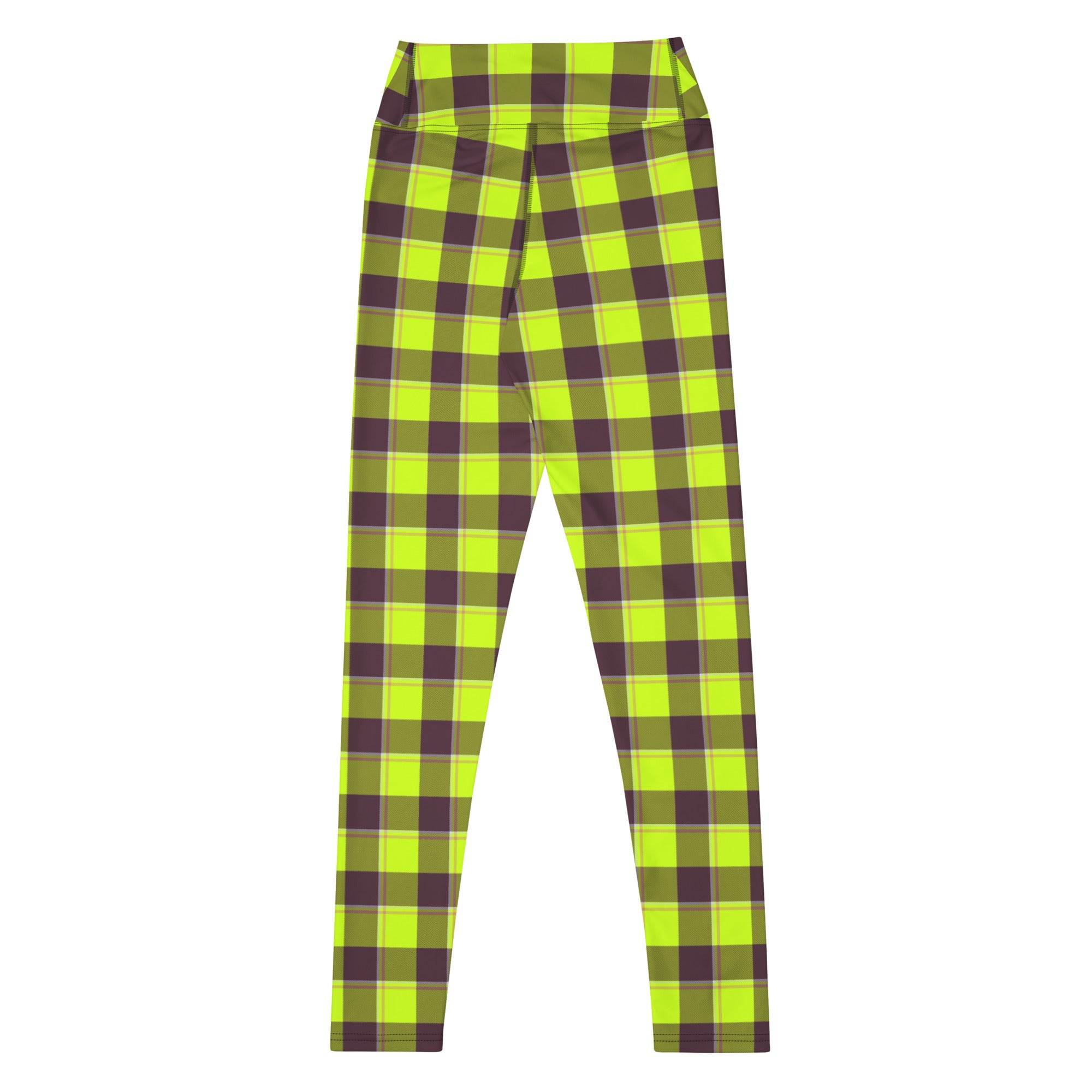 Yoga Leggings Electric Lime and Livid Brown Plaid - Scottish Squares