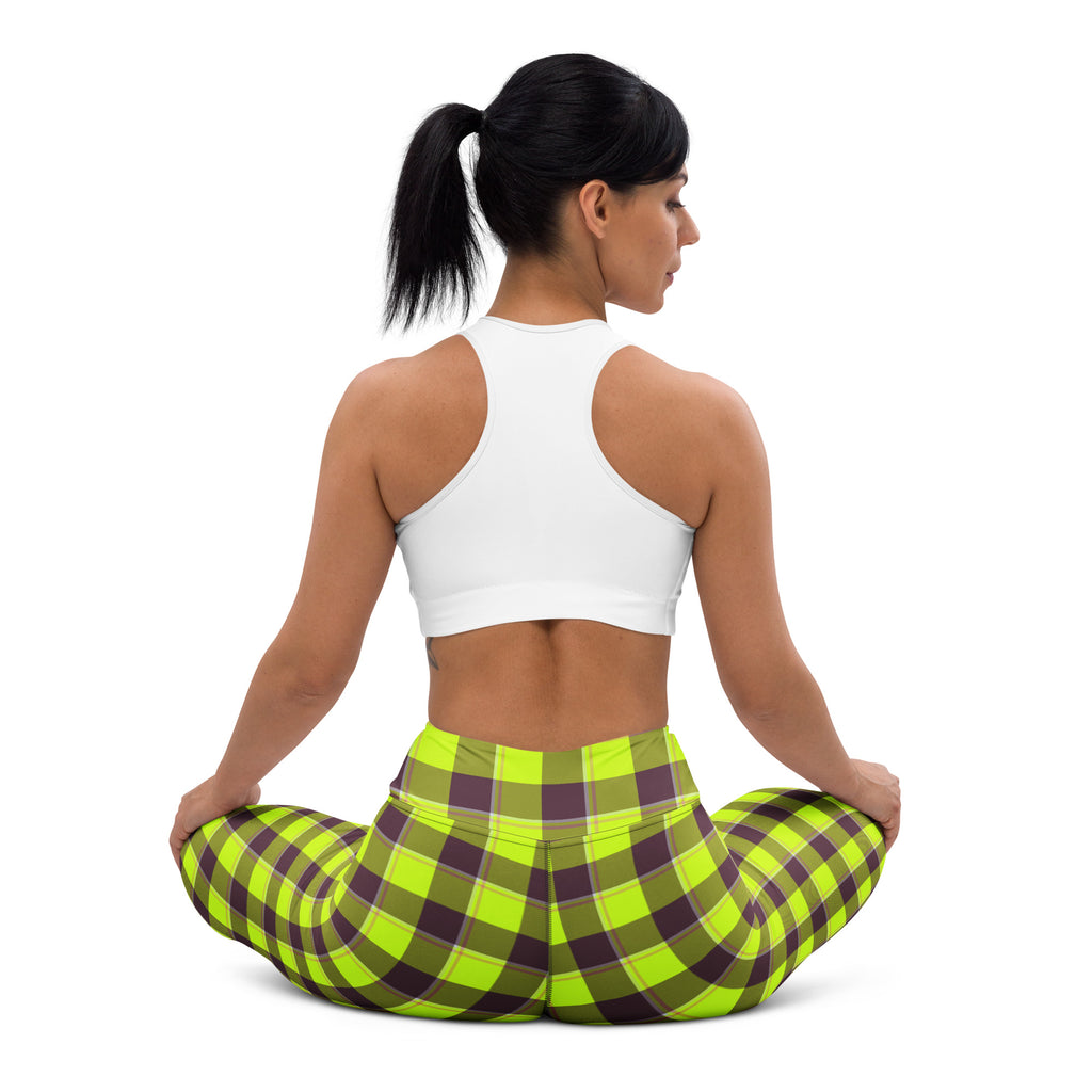 Yoga Leggings Electric Lime and Livid Brown Plaid - Scottish Squares