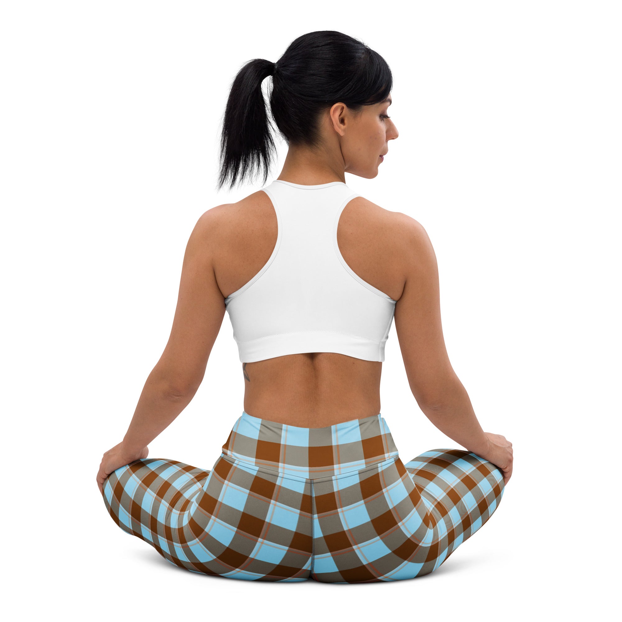 Yoga Leggings Blizzard Blue and Livid Brown Plaid - Scottish Squares