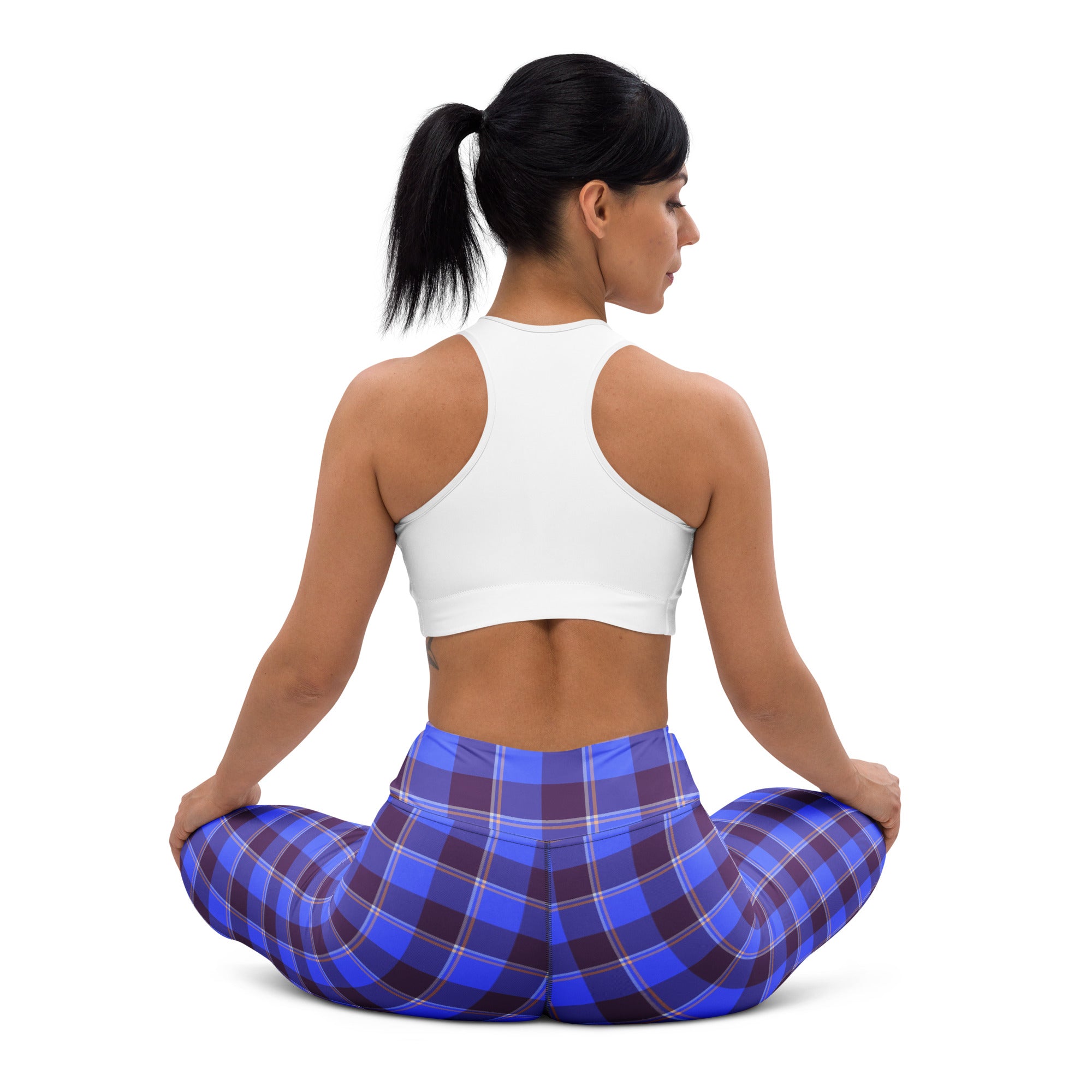 Yoga Leggings Cornflower Blue and Livid Brown Plaid - Scottish Squares