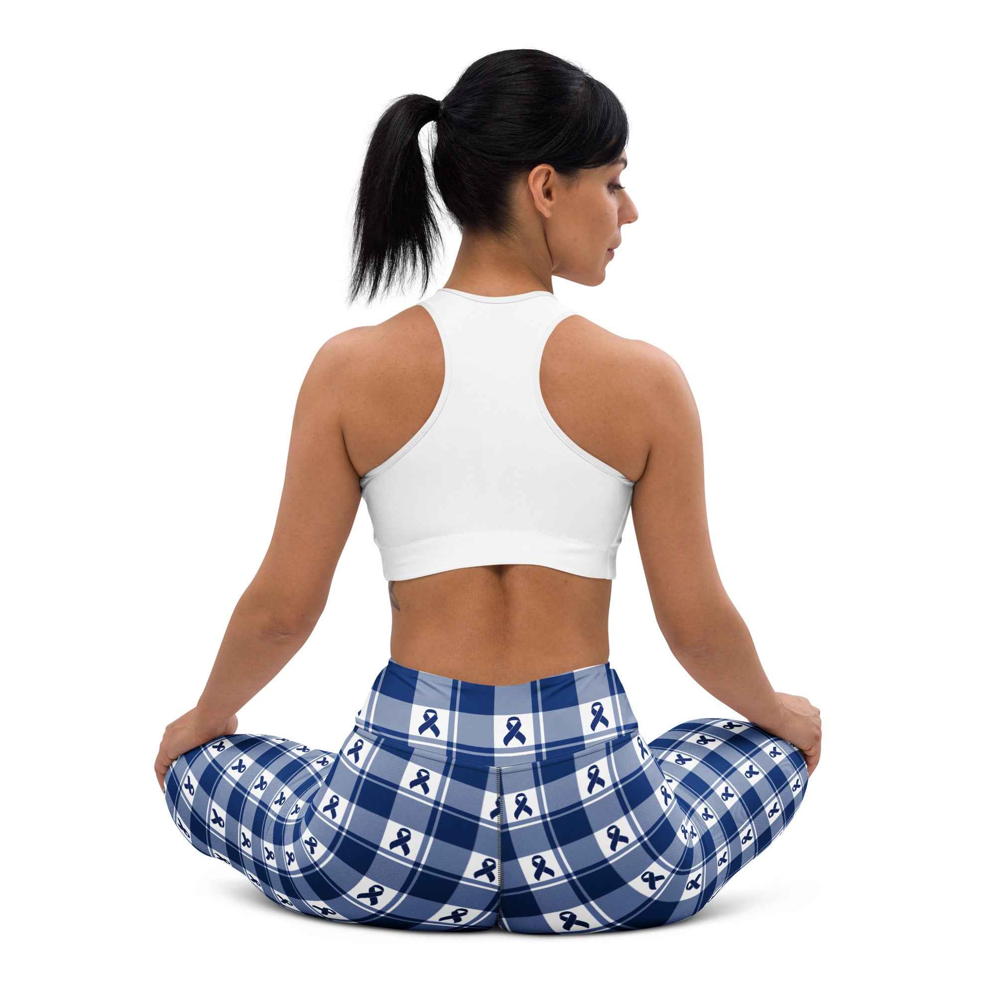 Yoga Leggings Colorectal Cancer Awareness Plaid, Dark Blue Ribbon, Supportive Gift - Scottish Squares