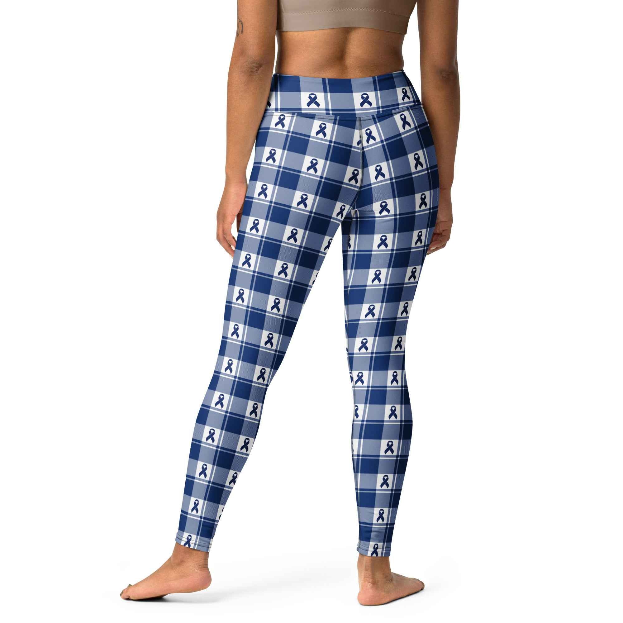 Yoga Leggings Colorectal Cancer Awareness Plaid, Dark Blue Ribbon, Supportive Gift - Scottish Squares