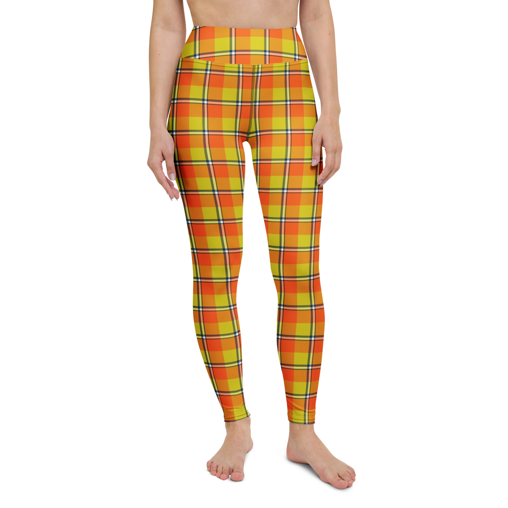 Yoga Leggings Blaze Orange and Bird Flower Plaid - Scottish Squares