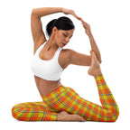 Yoga Leggings Blaze Orange and Bird Flower Plaid - Scottish Squares