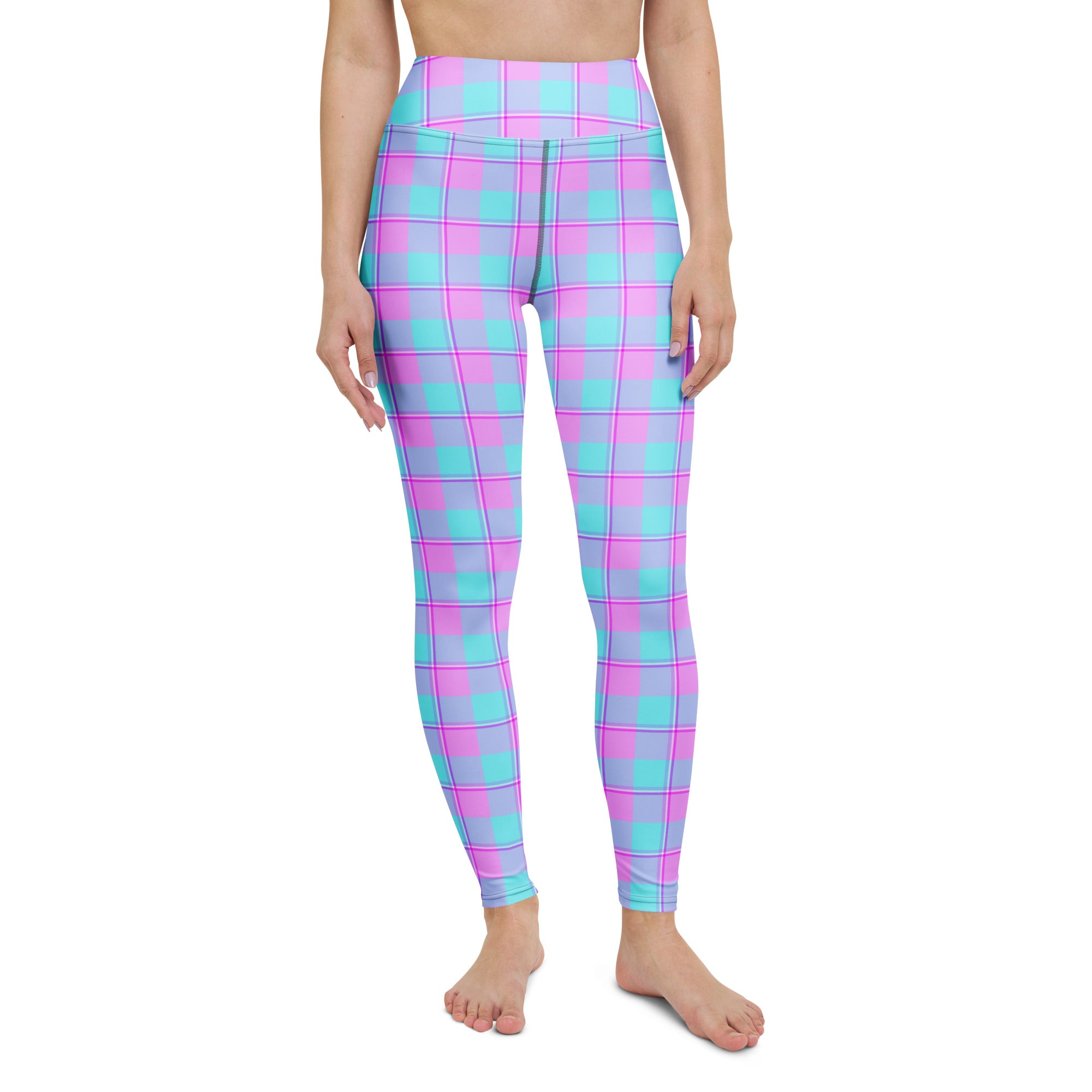 Yoga Leggings Mauve and Coastal Mist Plaid - Scottish Squares