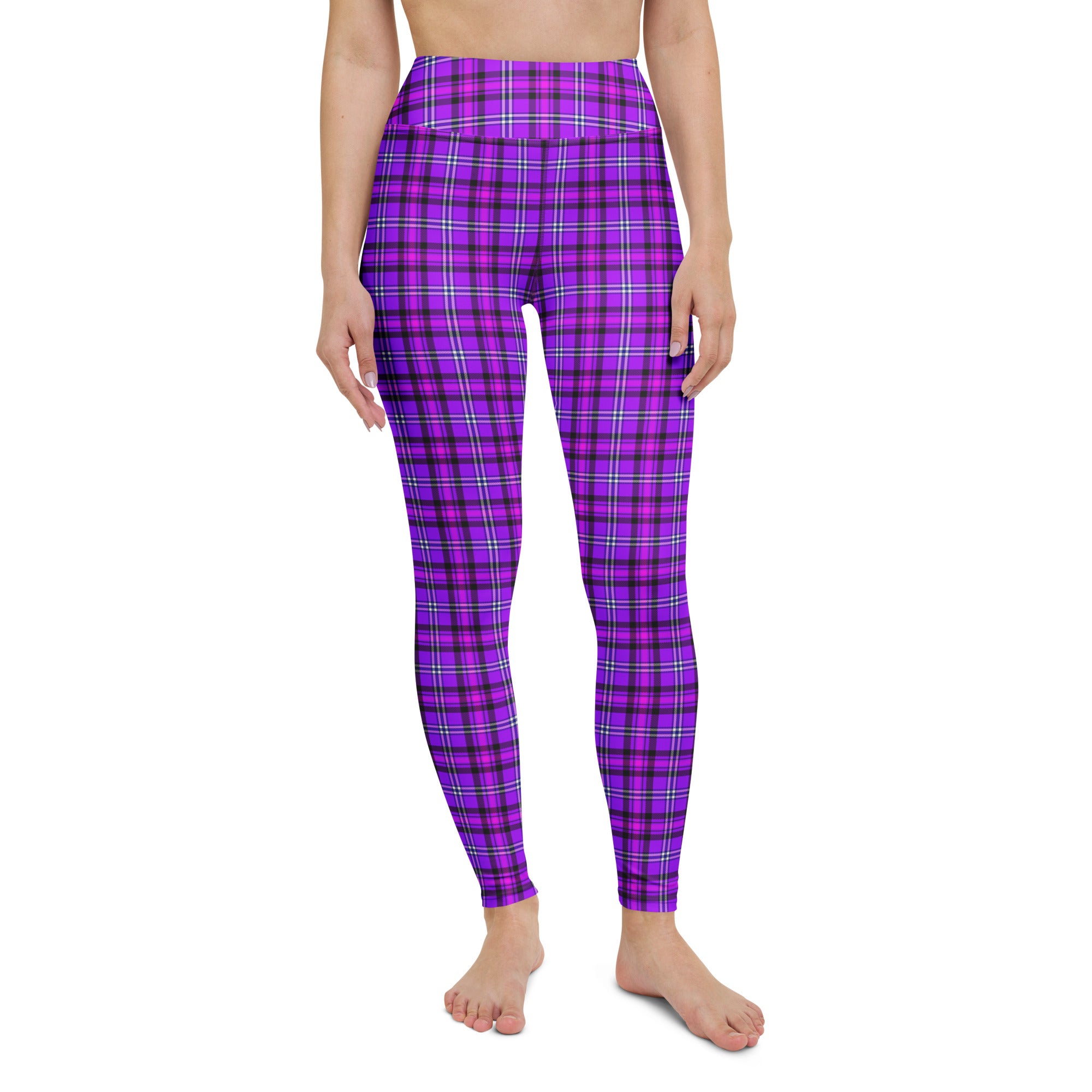 Yoga Leggings Electric Violet and Fuchsia Plaid - Scottish Squares