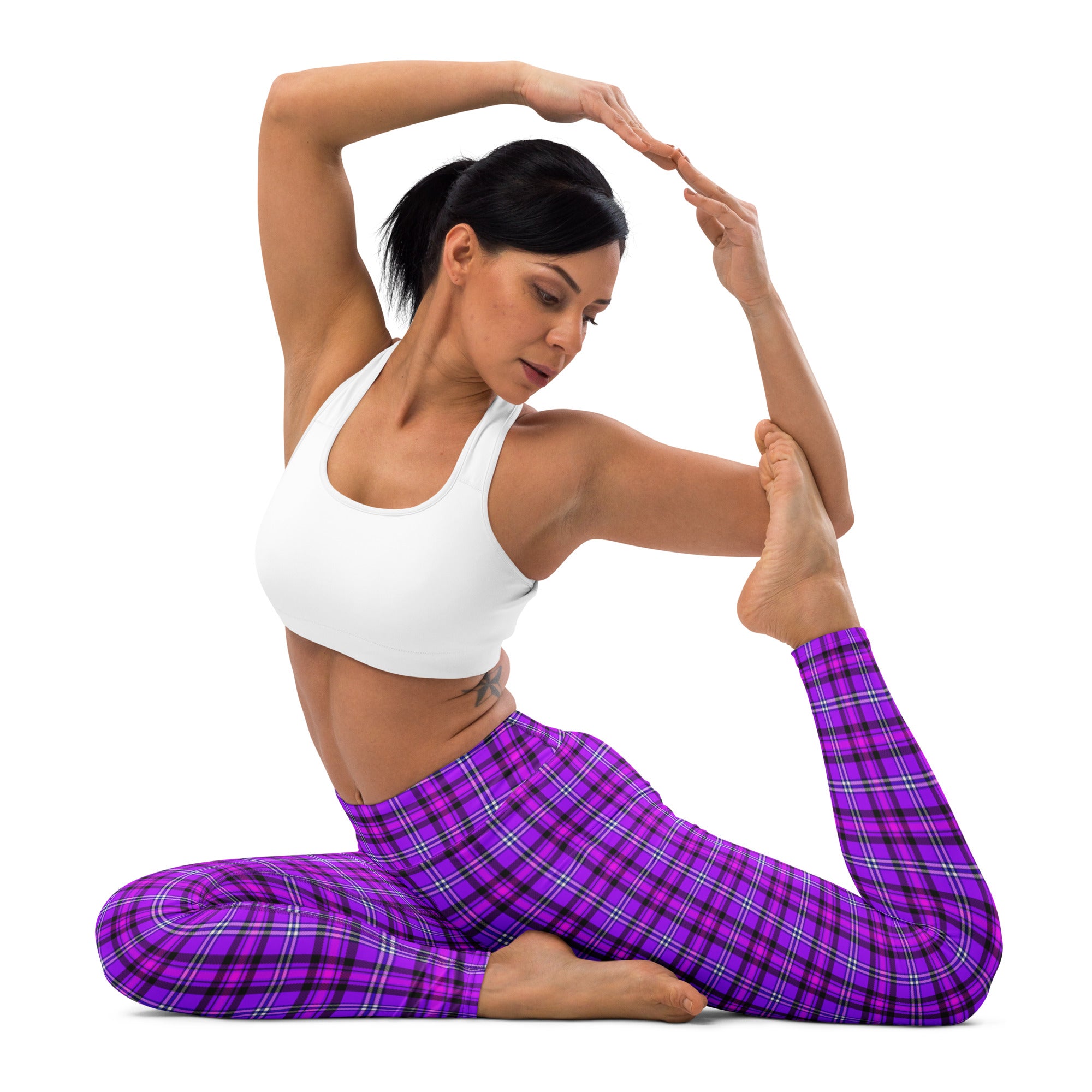 Yoga Leggings Electric Violet and Fuchsia Plaid - Scottish Squares