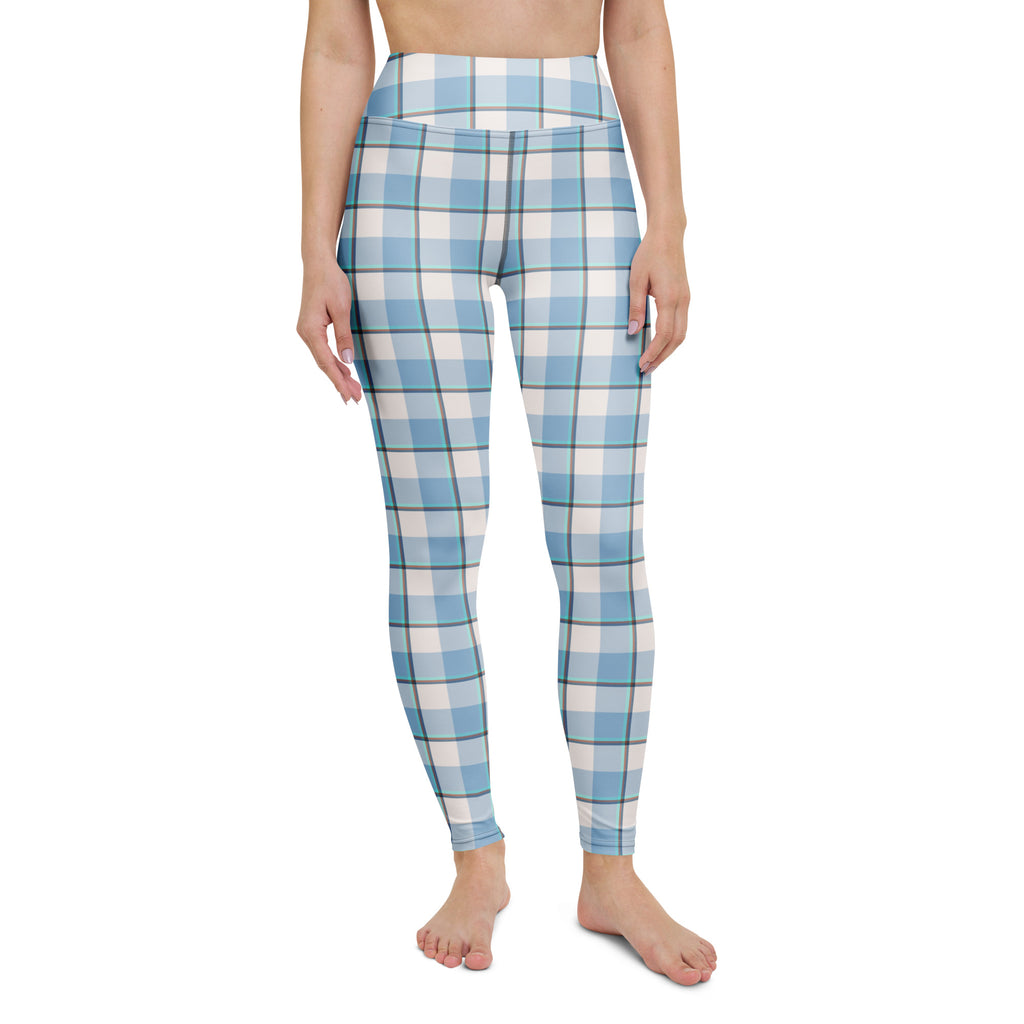 Yoga Leggings Pink Cloud and Blue Lagoon Plaid - Scottish Squares