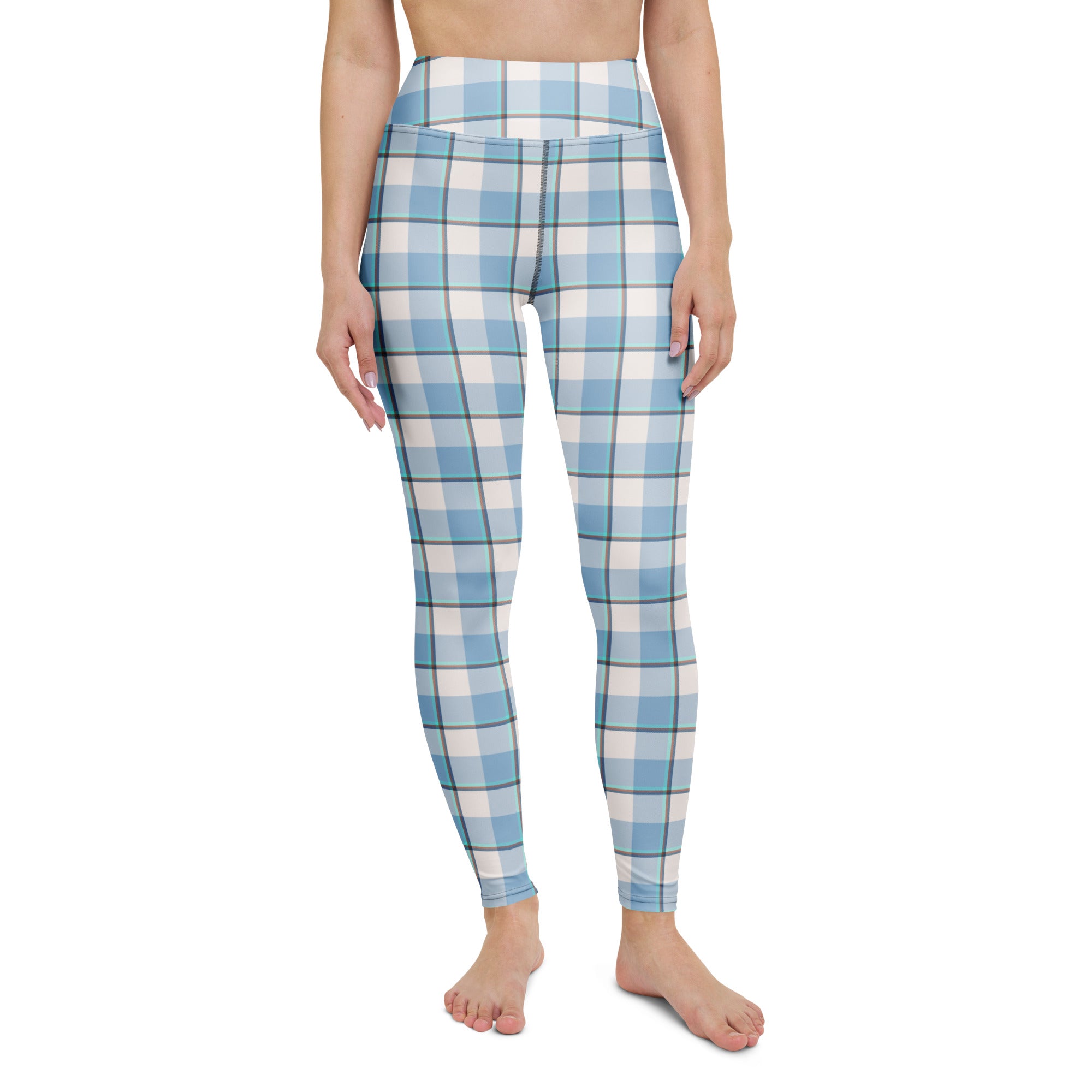 Yoga Leggings Pink Cloud and Blue Lagoon Plaid - Scottish Squares