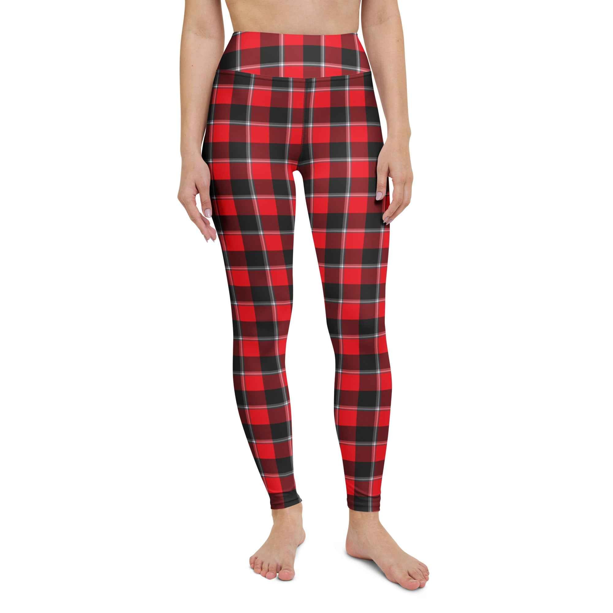 Yoga Leggings Red Ribbon and Heavy Metal Plaid - Scottish Squares