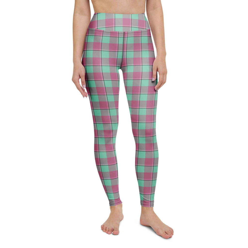 Yoga Leggings Vista Blue and Turkish Rose Plaid - Scottish Squares