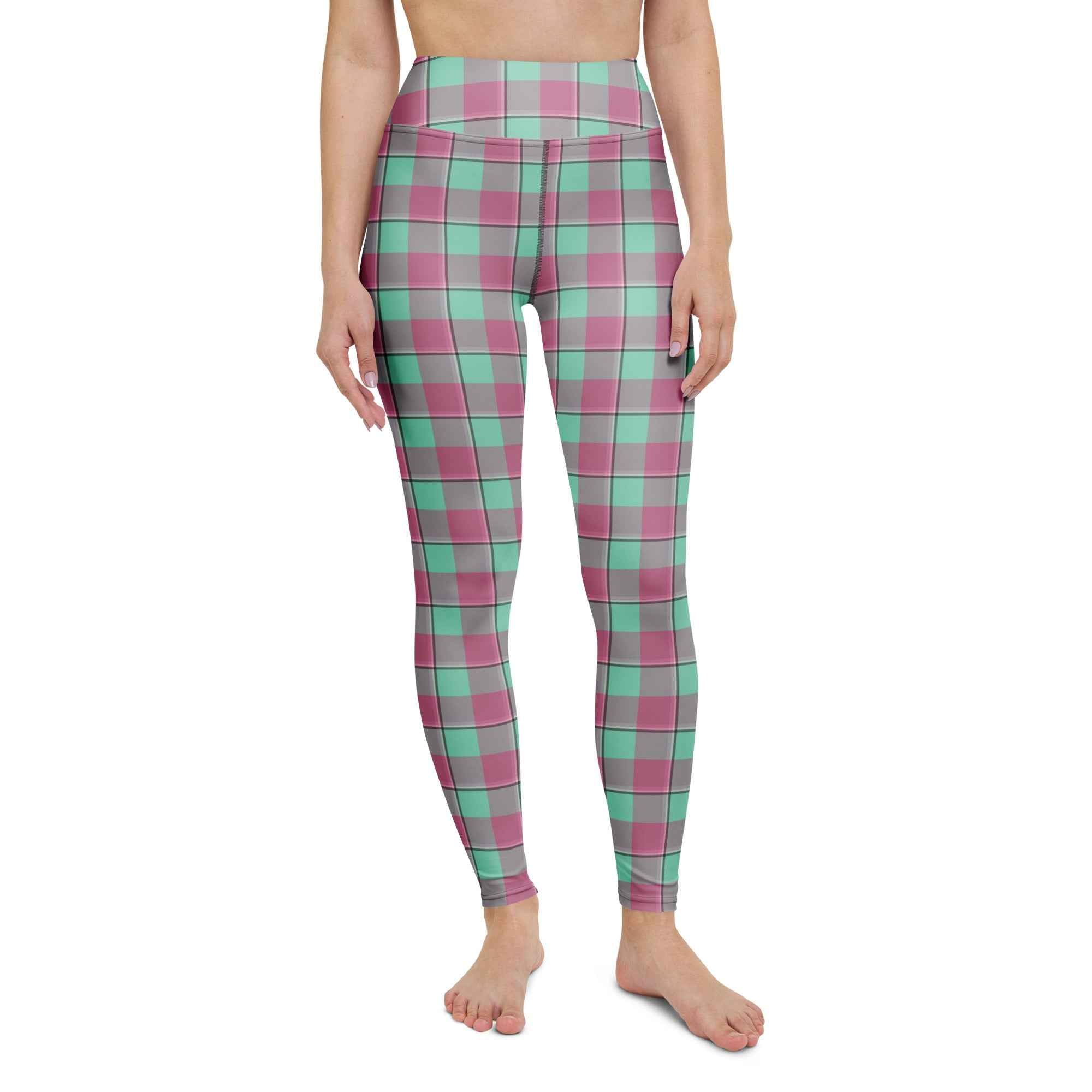 Yoga Leggings Vista Blue and Turkish Rose Plaid - Scottish Squares