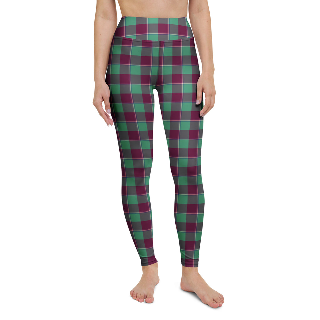 Yoga Leggings Ocean Green and Mulberry Wood Plaid - Scottish Squares