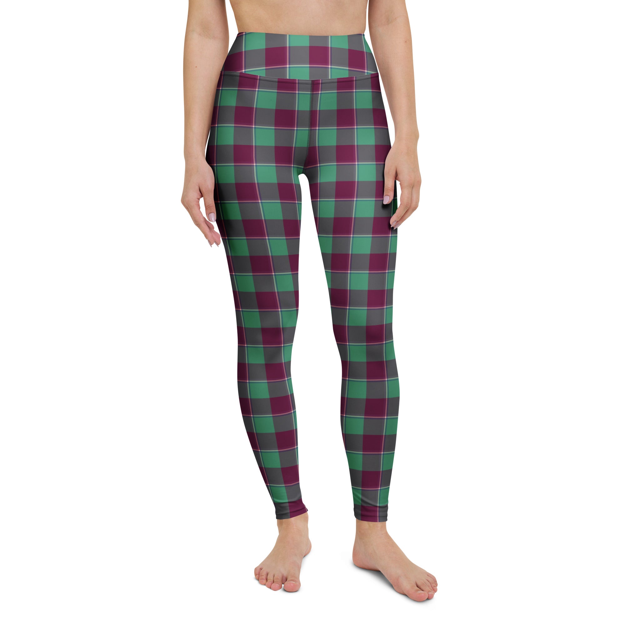 Yoga Leggings Ocean Green and Mulberry Wood Plaid - Scottish Squares