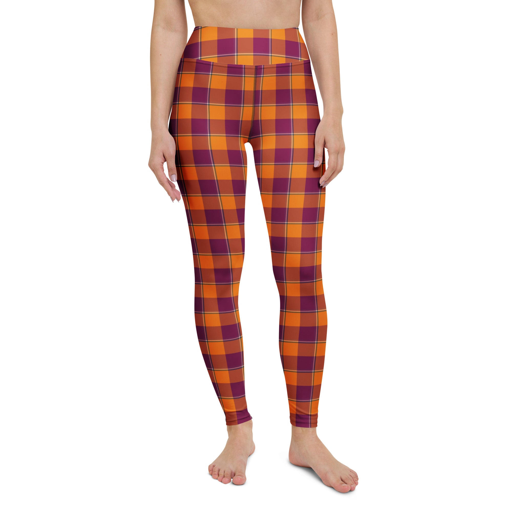 Yoga Leggings Tahiti Gold and Rose Bud Cherry Plaid - Scottish Squares