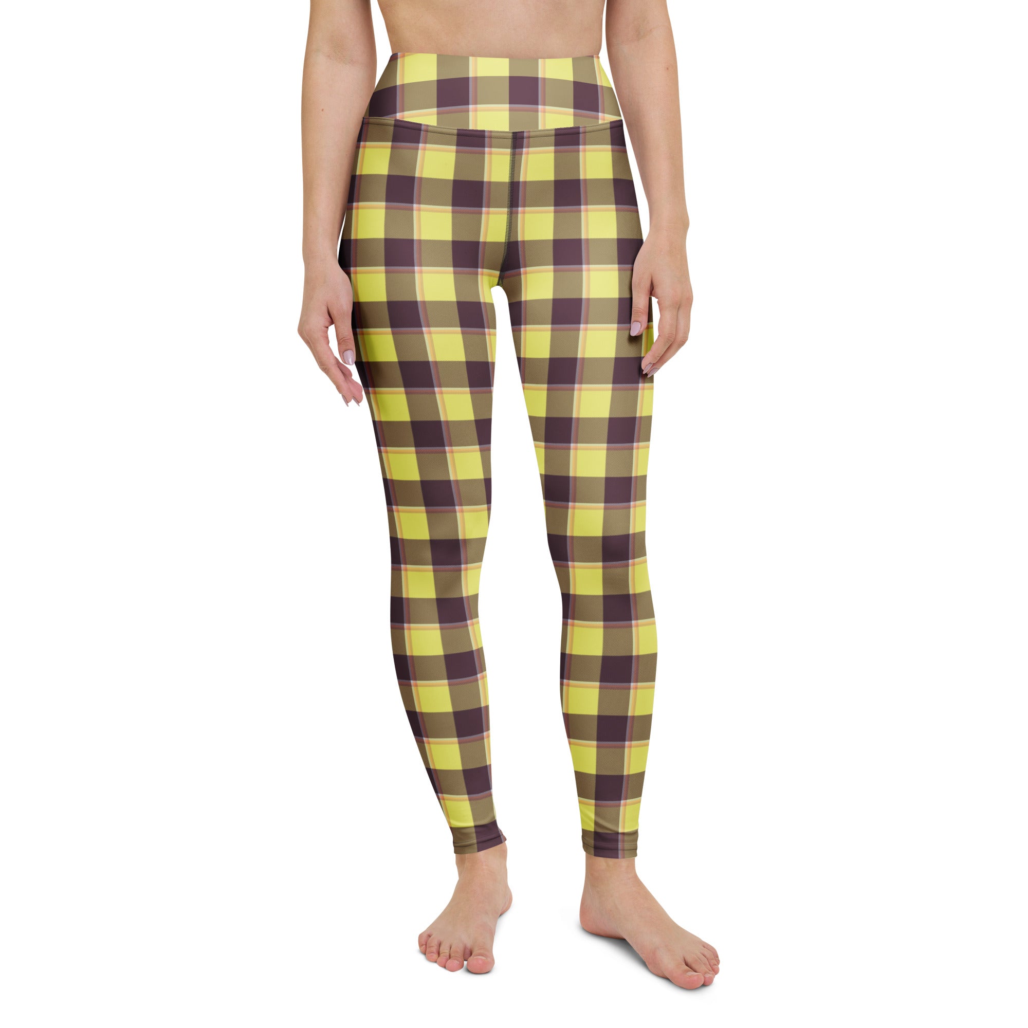 Yoga Leggings Flax and Livid Brown Plaid - Scottish Squares