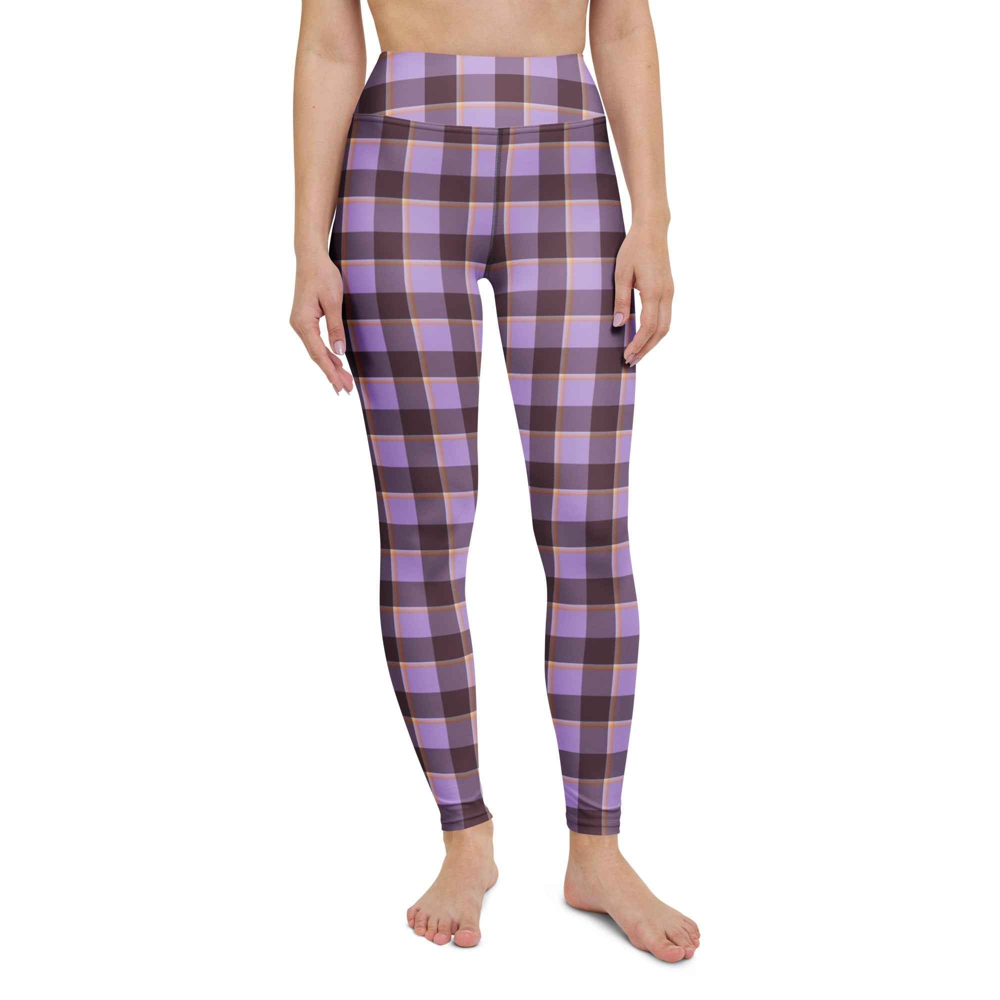 Yoga Leggings Light Wisteria and Livid Brown Plaid - Scottish Squares