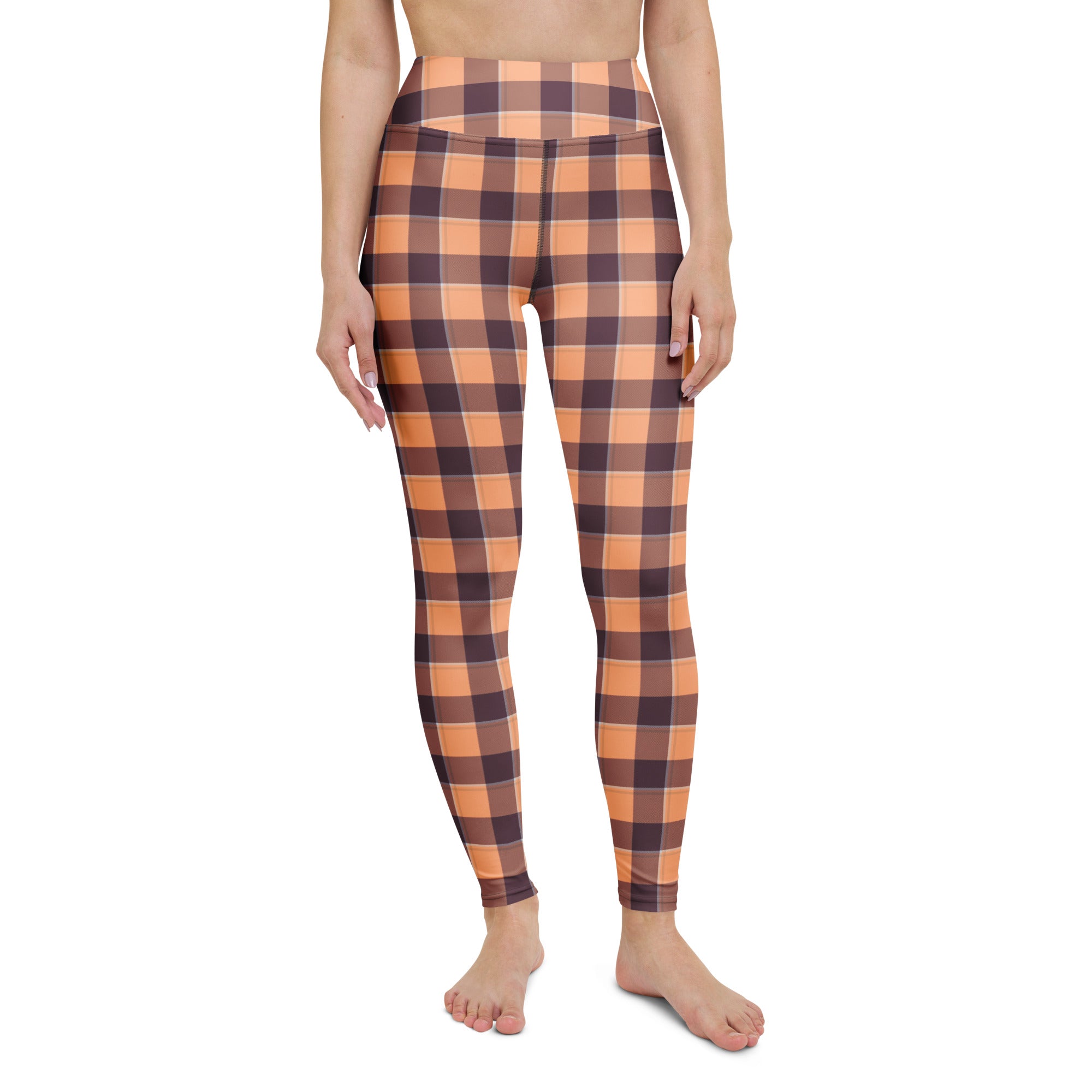 Yoga Leggings Hit Pink and Livid Brown Plaid - Scottish Squares