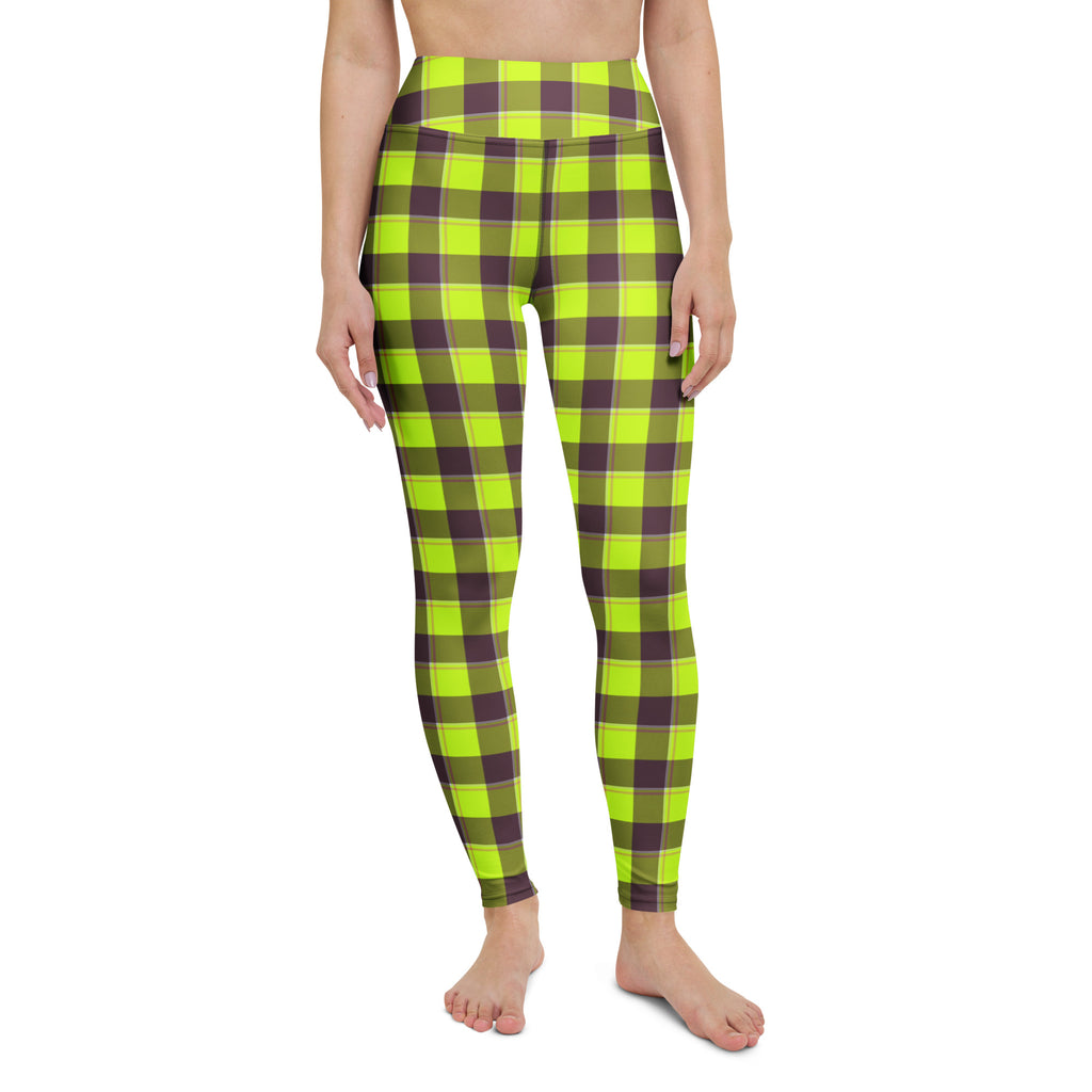 Yoga Leggings Electric Lime and Livid Brown Plaid - Scottish Squares