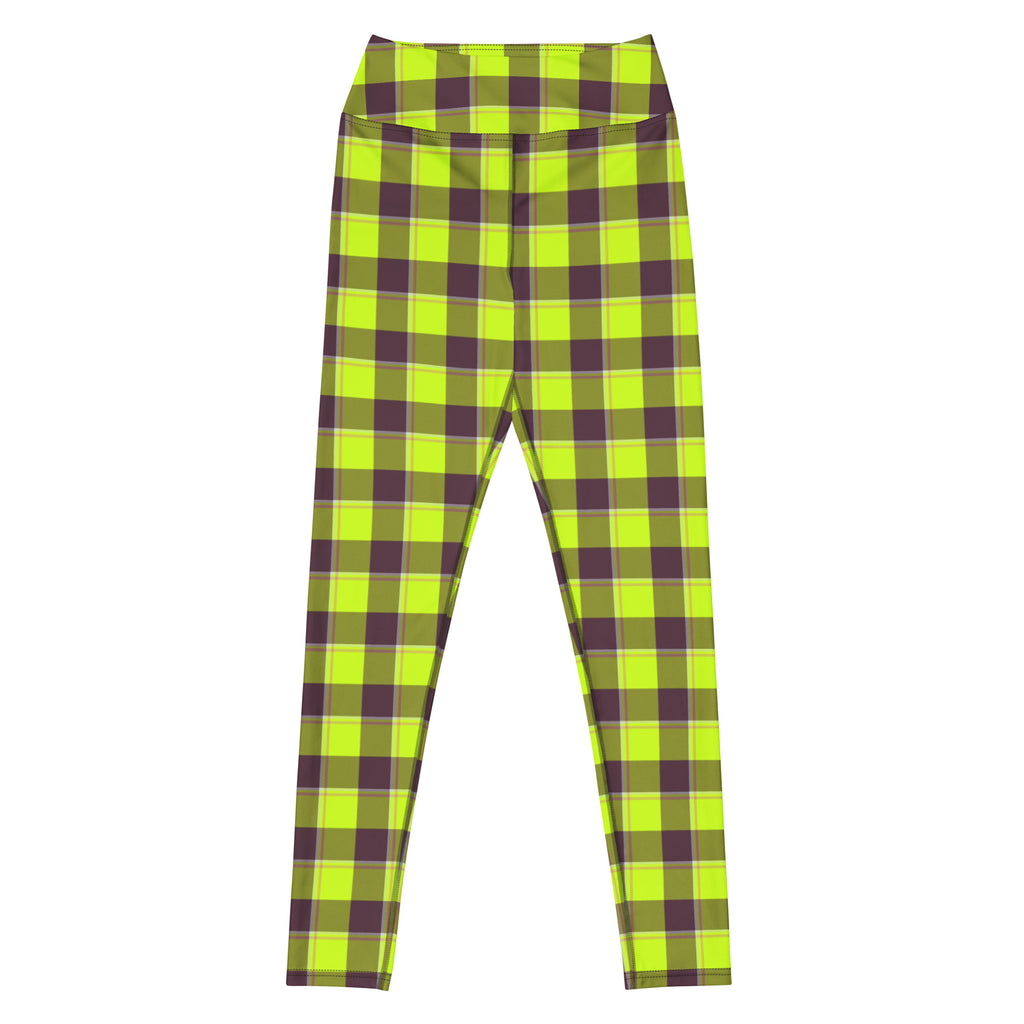 Yoga Leggings Electric Lime and Livid Brown Plaid - Scottish Squares