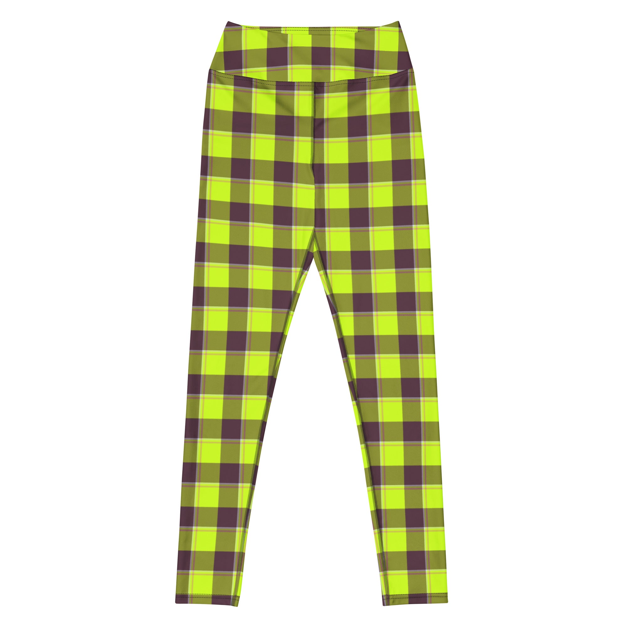 Yoga Leggings Electric Lime and Livid Brown Plaid - Scottish Squares