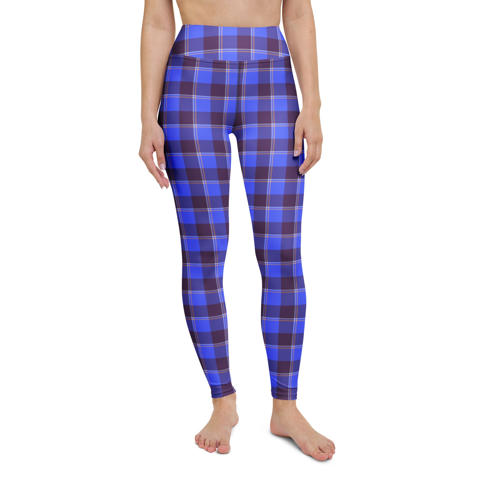 Yoga Leggings Cornflower Blue and Livid Brown Plaid - Scottish Squares