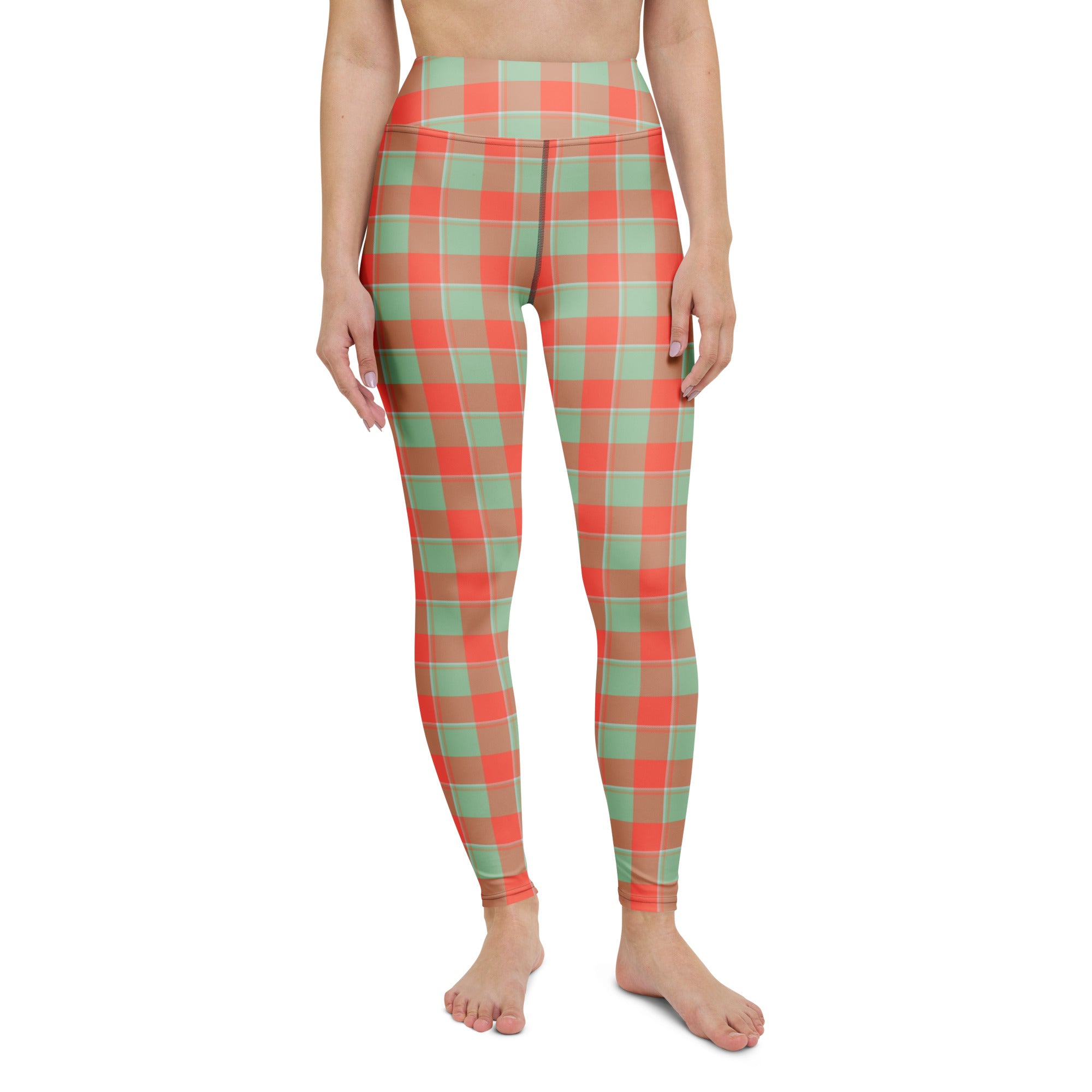 Yoga Leggings Spring Rain and Persimmon Plaid - Scottish Squares