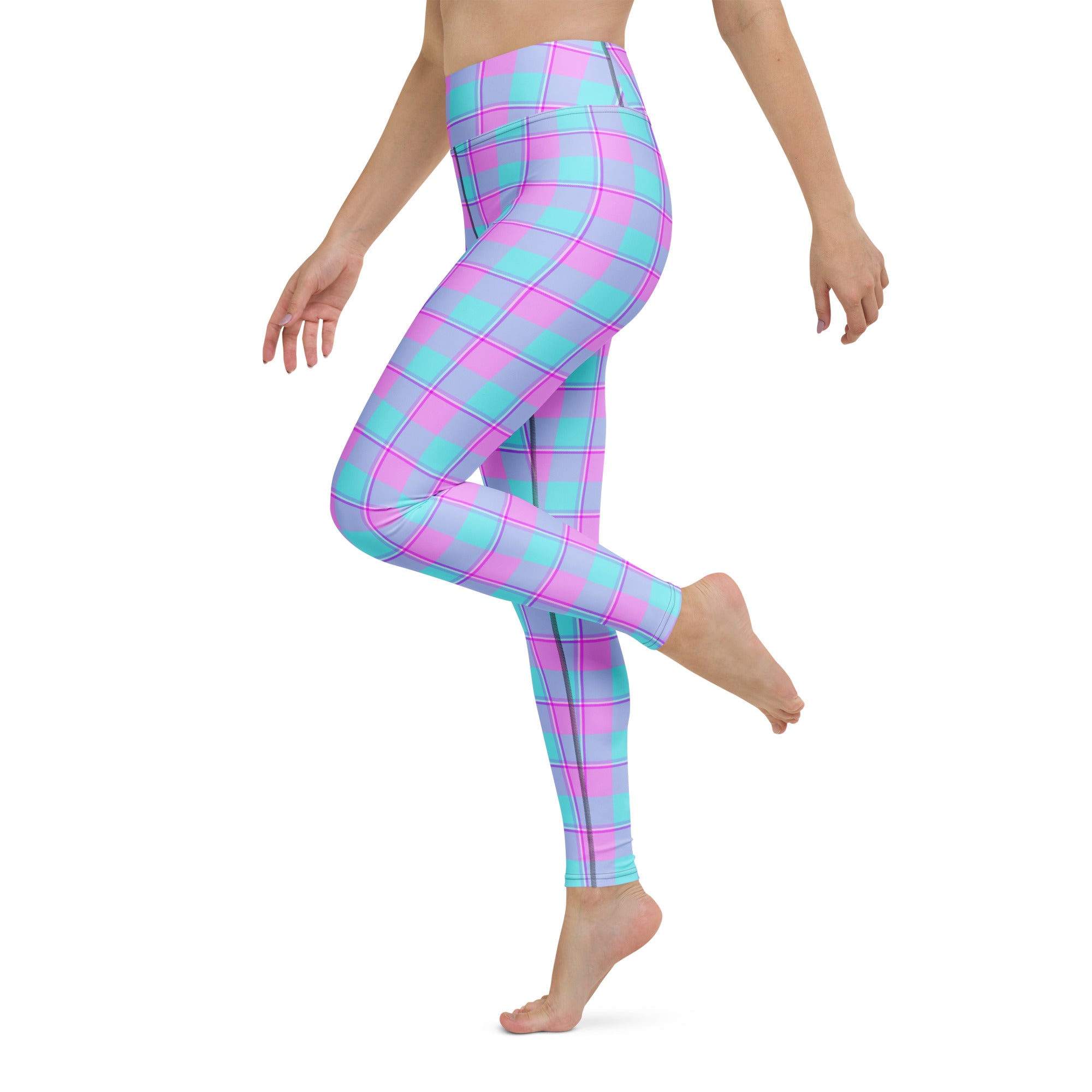 Yoga Leggings Mauve and Coastal Mist Plaid - Scottish Squares