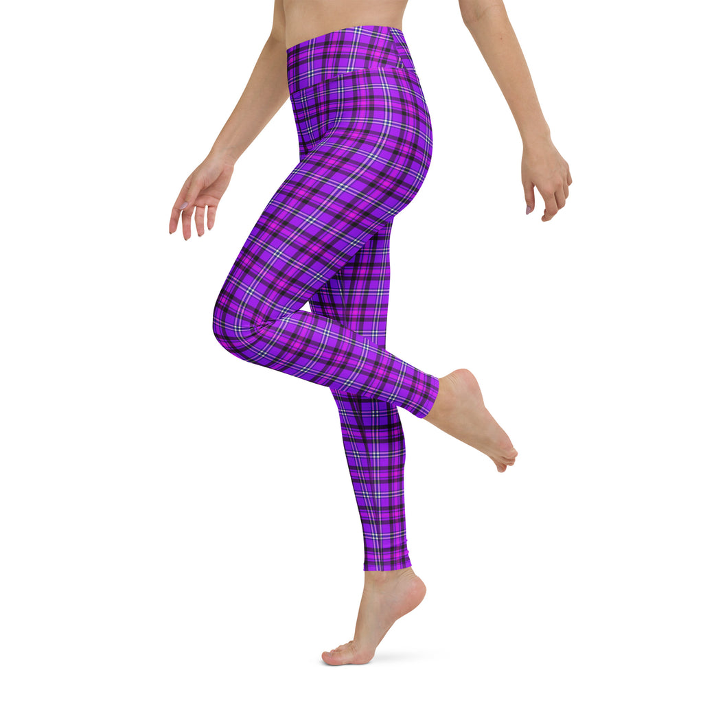 Yoga Leggings Electric Violet and Fuchsia Plaid - Scottish Squares