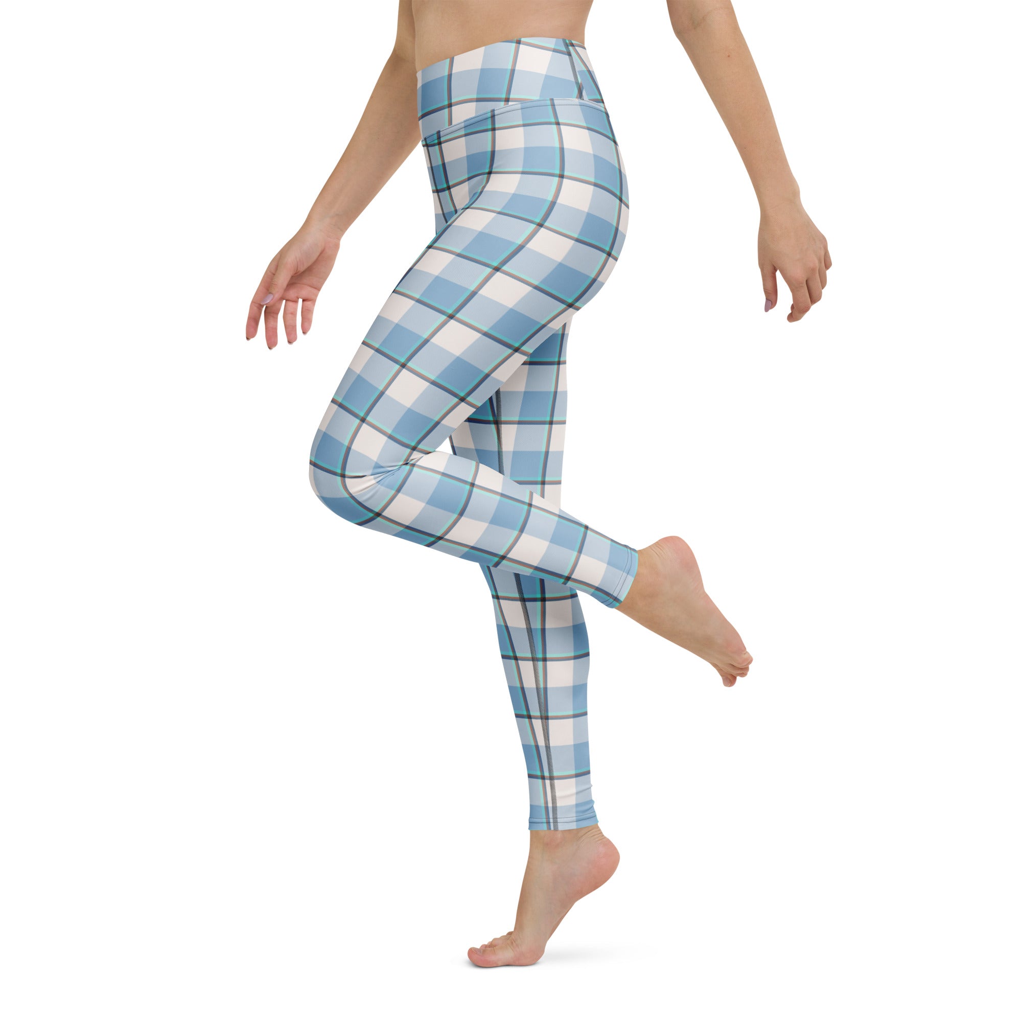 Yoga Leggings Pink Cloud and Blue Lagoon Plaid - Scottish Squares
