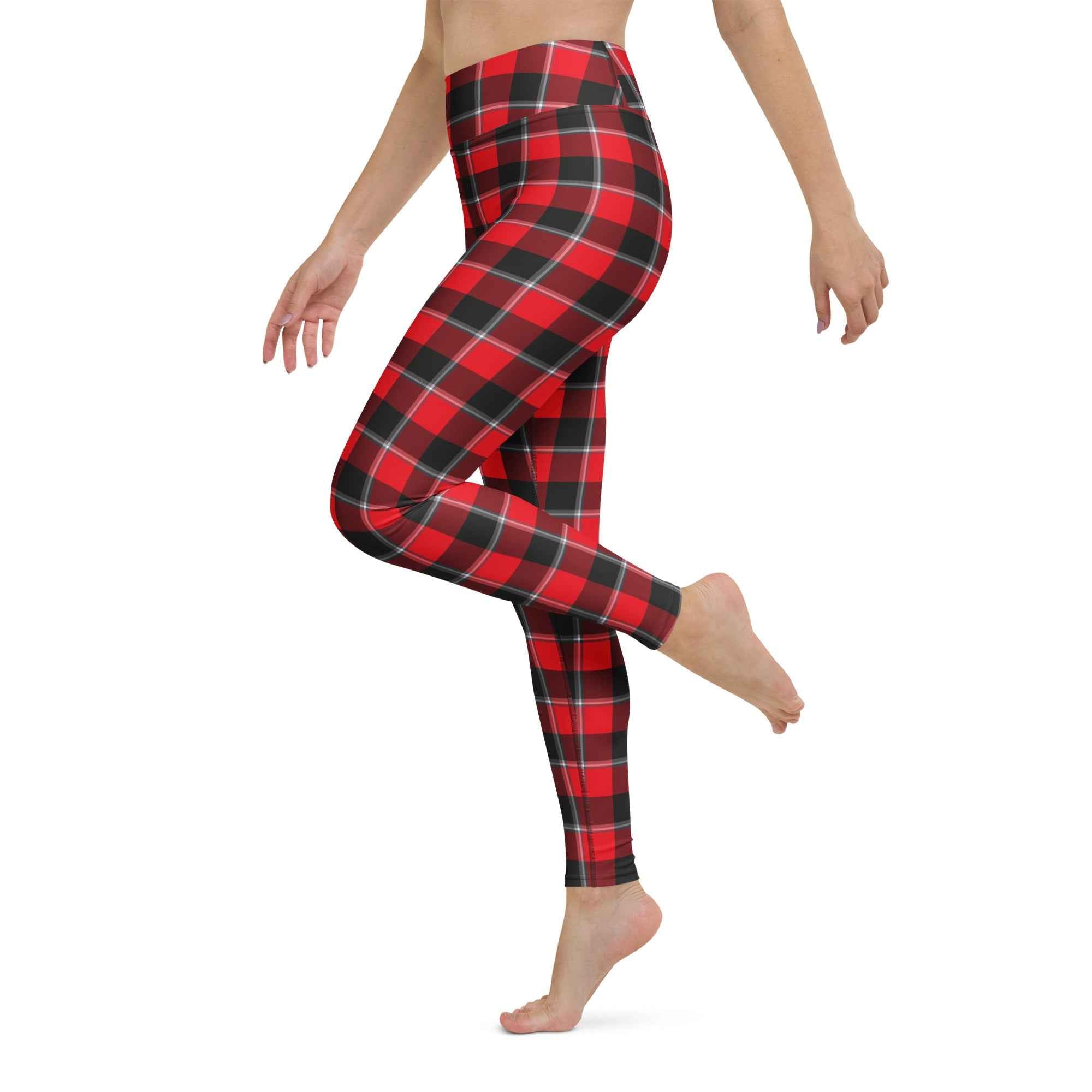 Yoga Leggings Red Ribbon and Heavy Metal Plaid - Scottish Squares