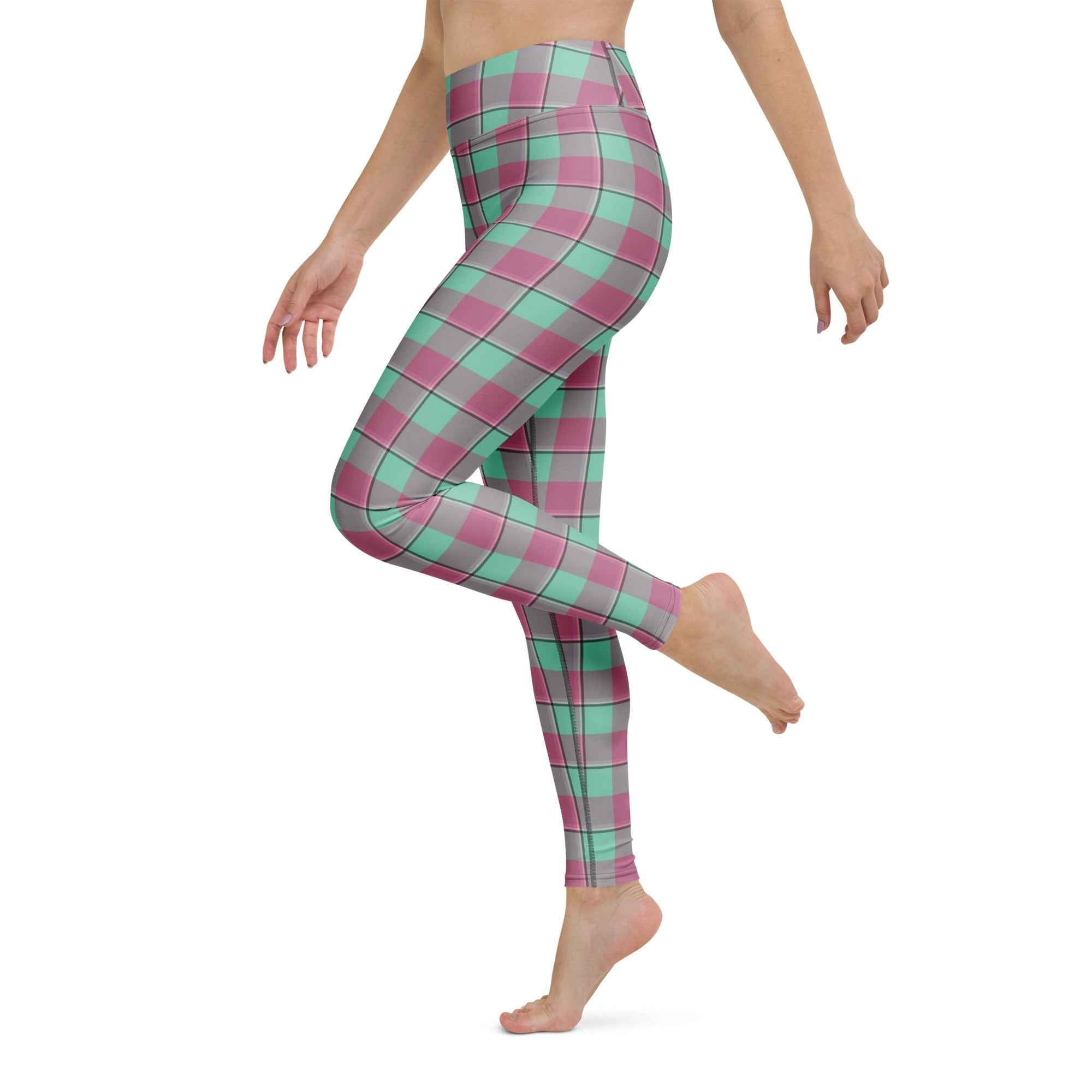 Yoga Leggings Vista Blue and Turkish Rose Plaid - Scottish Squares