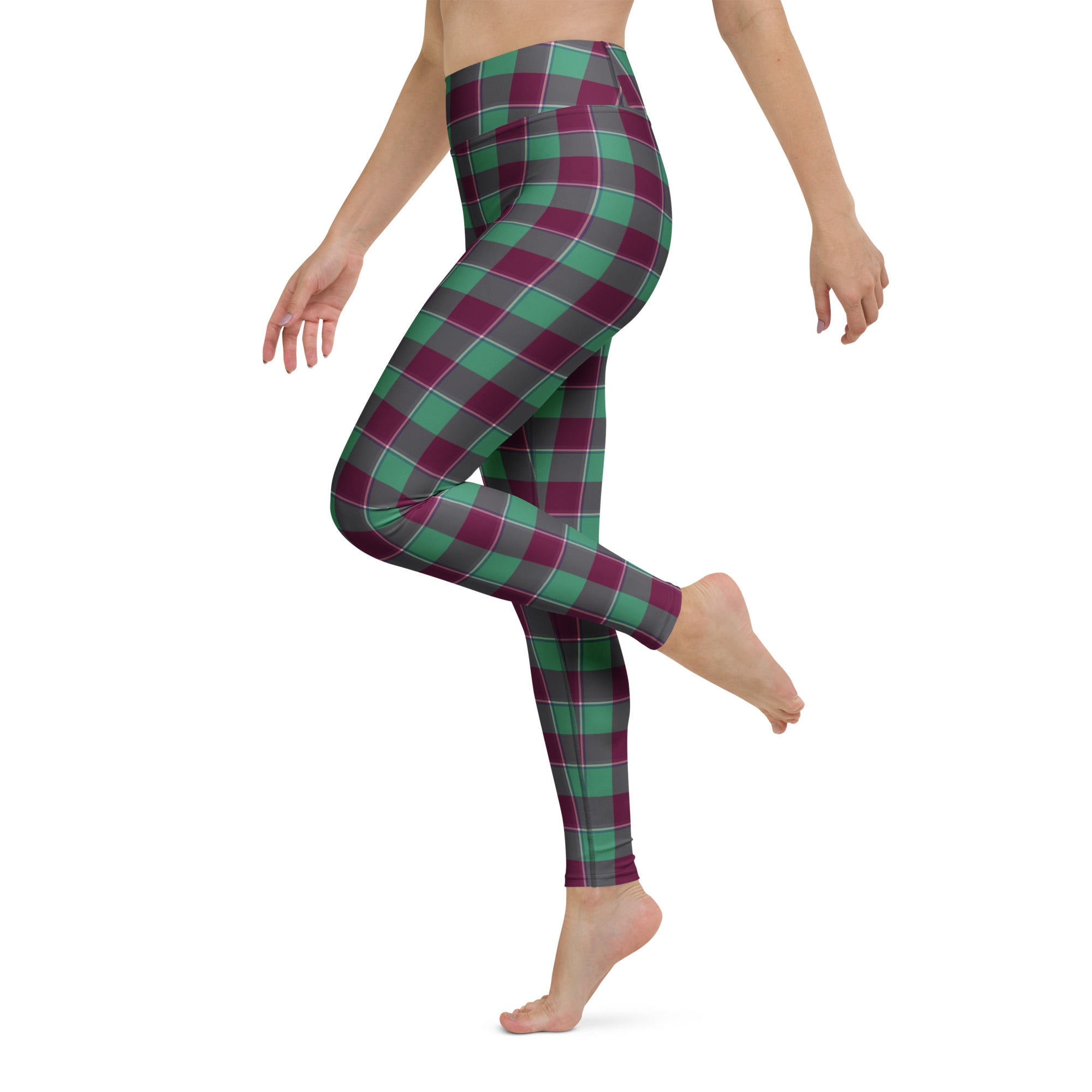 Yoga Leggings Ocean Green and Mulberry Wood Plaid - Scottish Squares