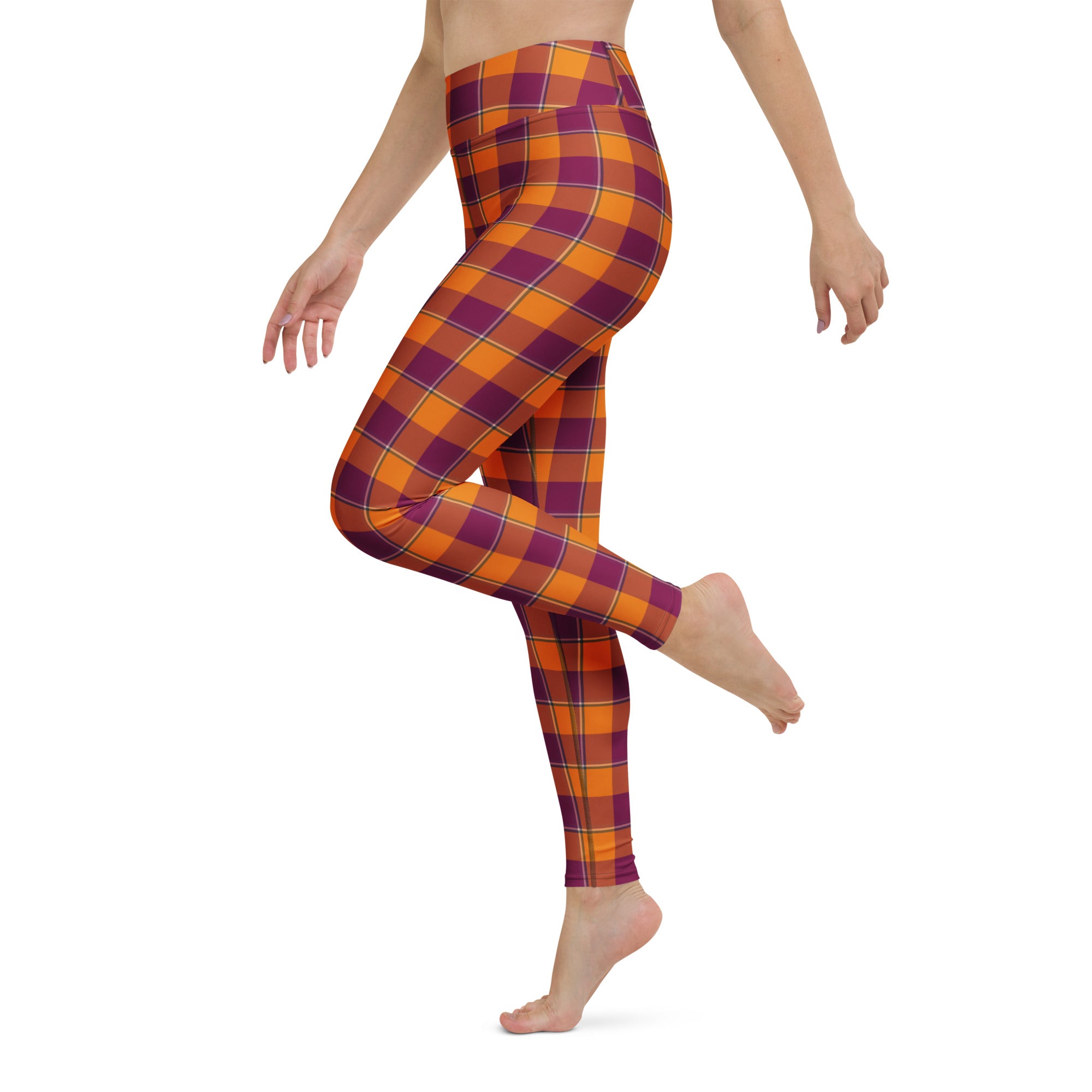 Yoga Leggings Tahiti Gold and Rose Bud Cherry Plaid - Scottish Squares