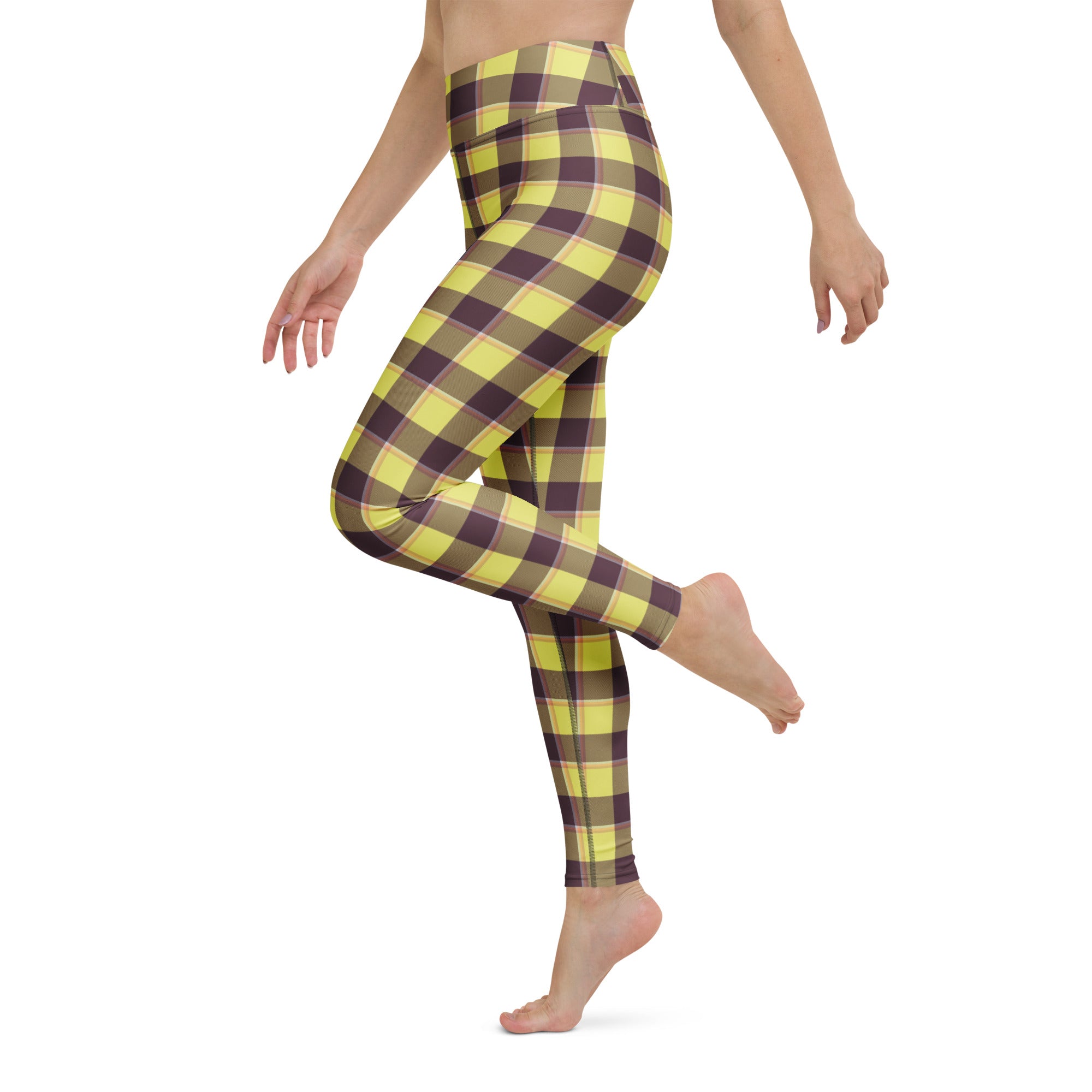 Yoga Leggings Flax and Livid Brown Plaid - Scottish Squares