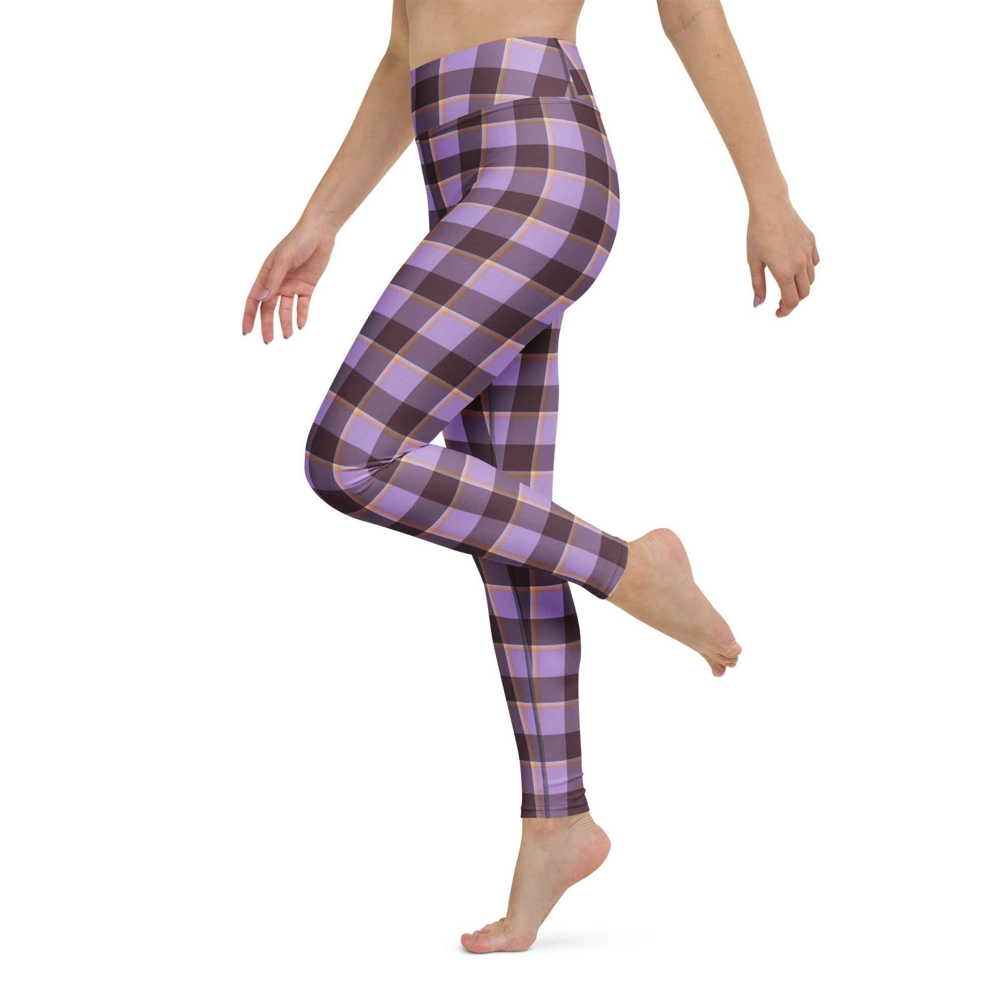 Yoga Leggings Light Wisteria and Livid Brown Plaid - Scottish Squares