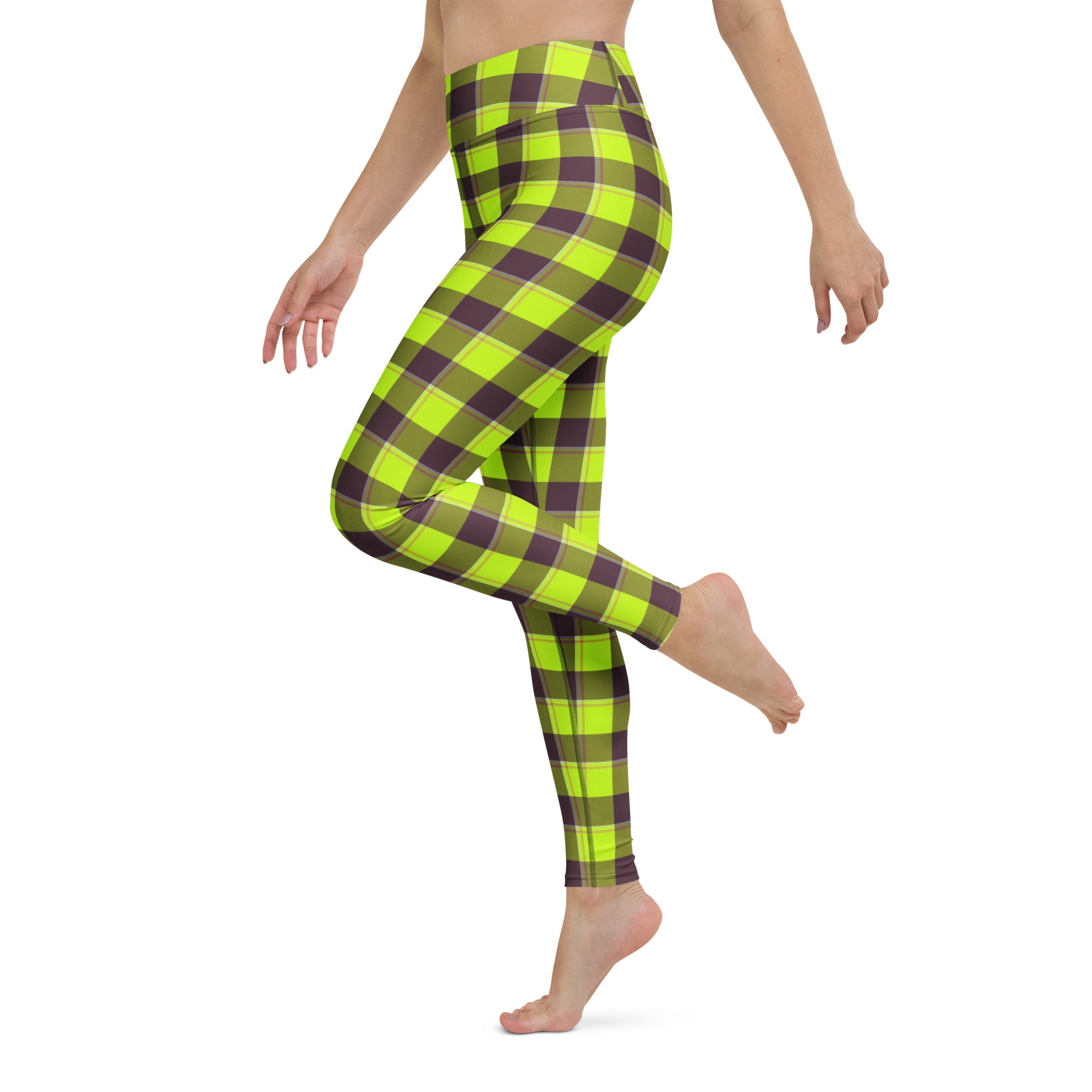 Yoga Leggings Electric Lime and Livid Brown Plaid - Scottish Squares