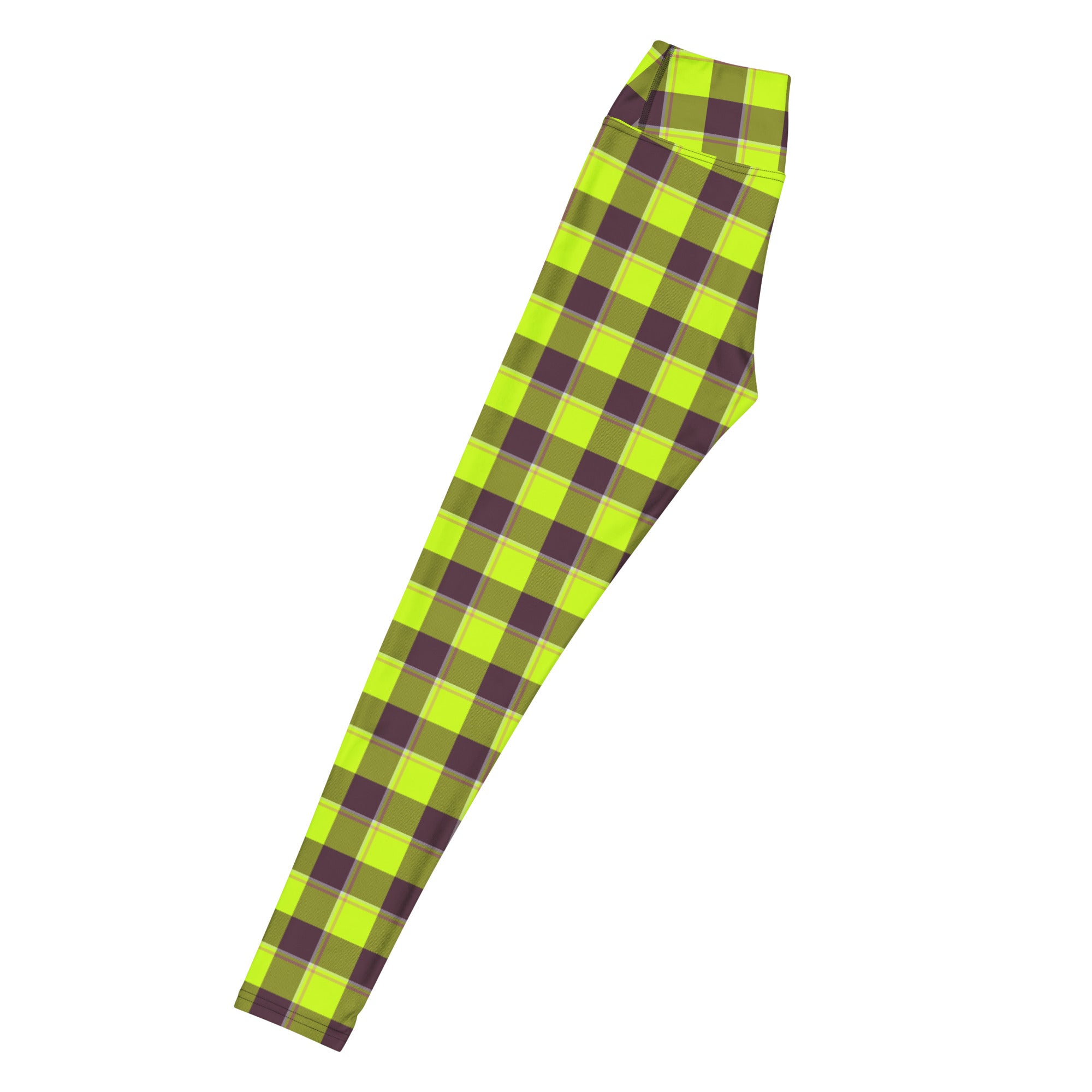 Yoga Leggings Electric Lime and Livid Brown Plaid - Scottish Squares