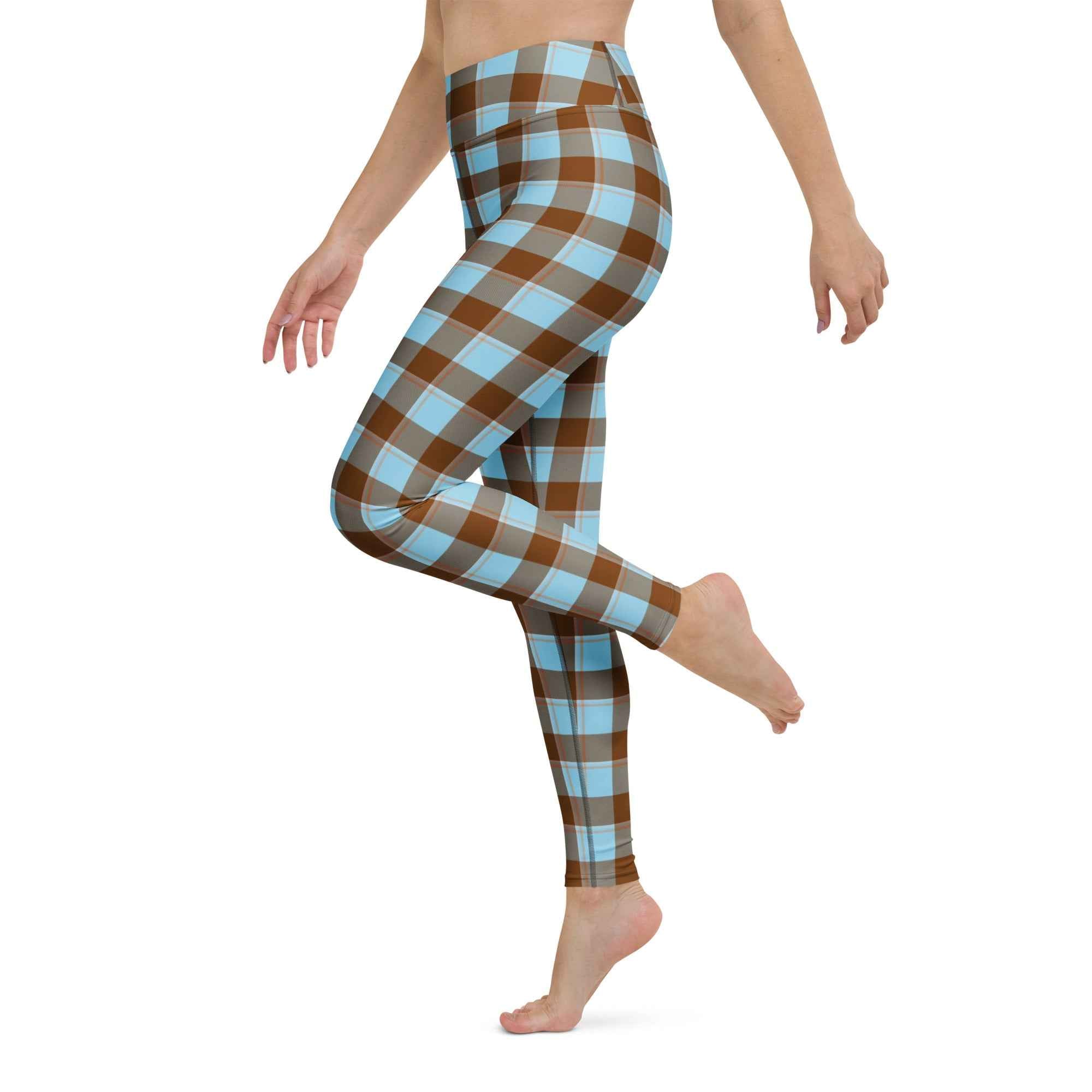 Yoga Leggings Blizzard Blue and Livid Brown Plaid - Scottish Squares