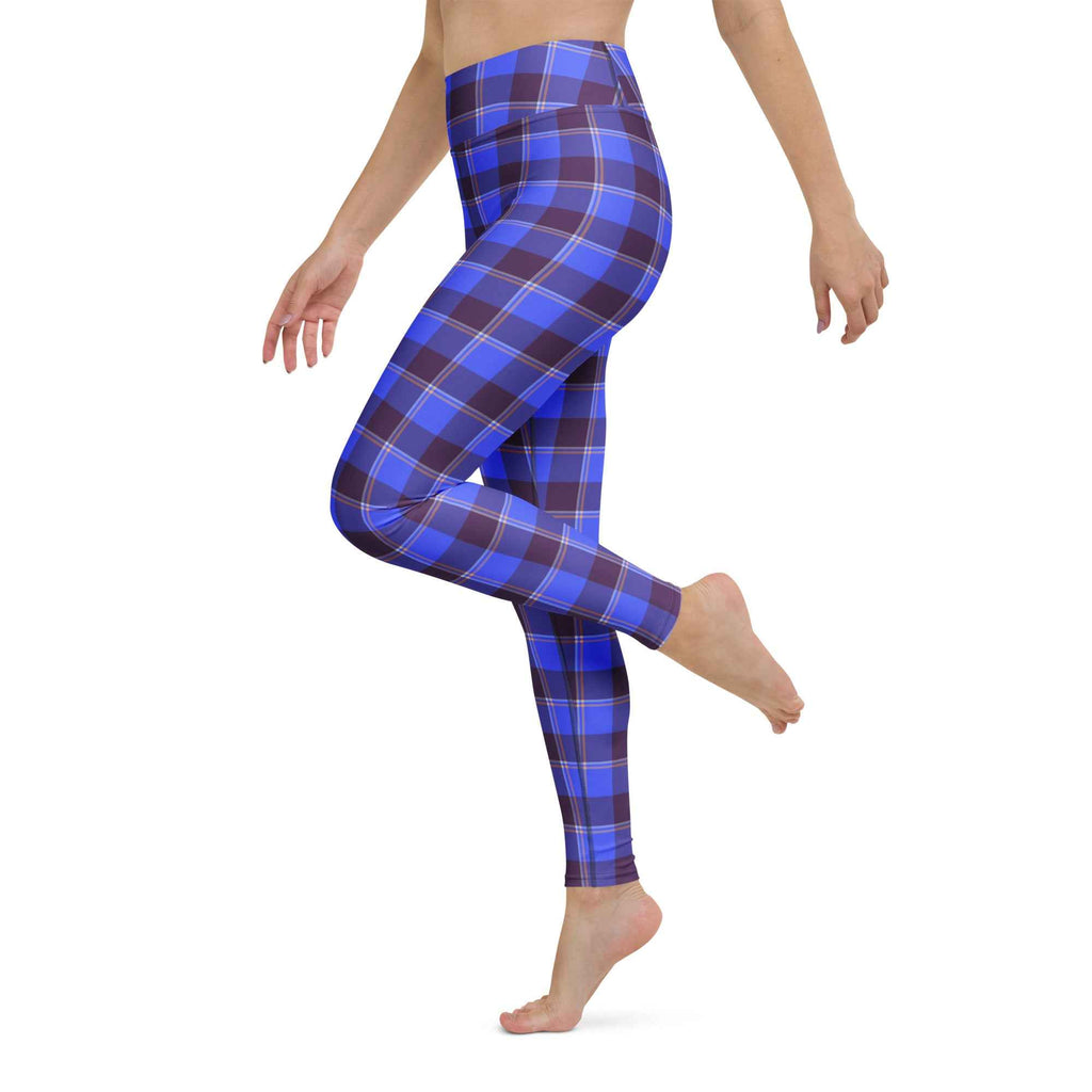 Yoga Leggings Cornflower Blue and Livid Brown Plaid - Scottish Squares