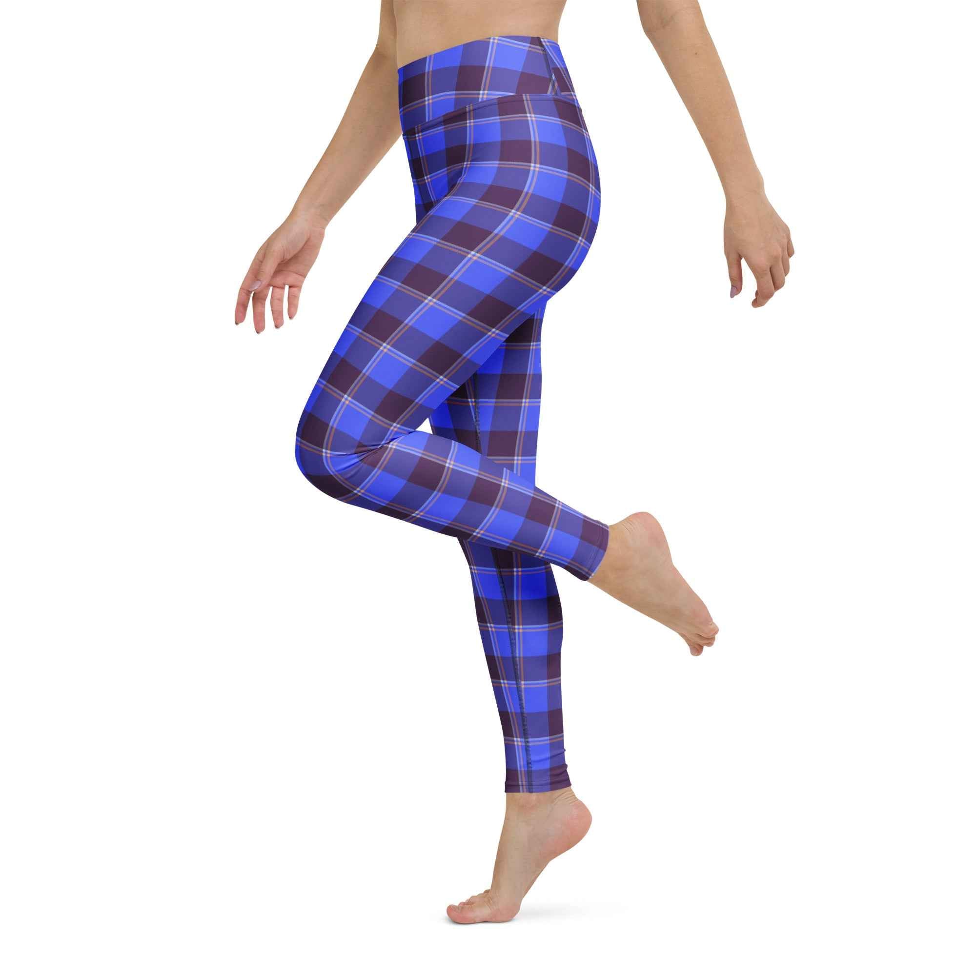 Yoga Leggings Cornflower Blue and Livid Brown Plaid - Scottish Squares