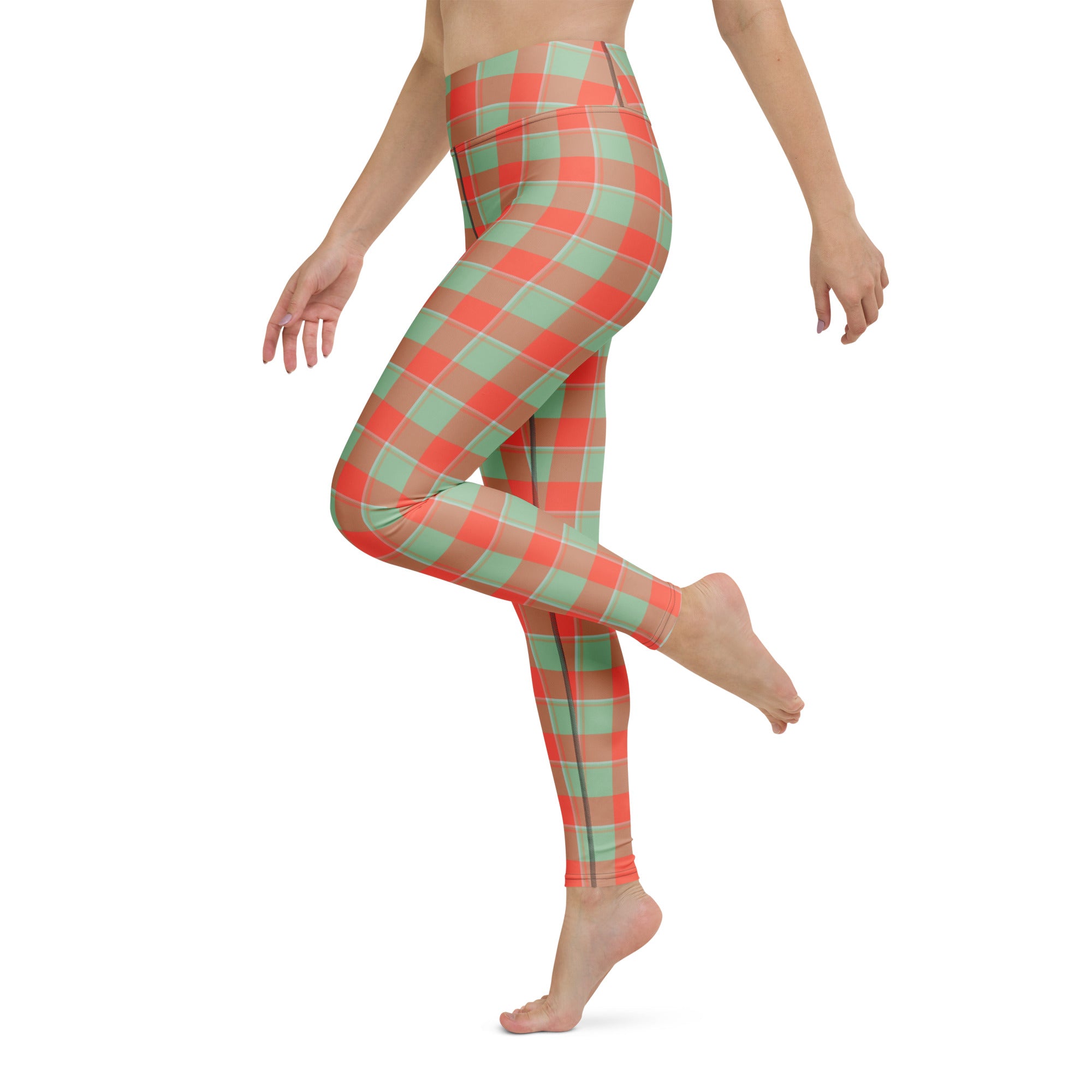 Yoga Leggings Spring Rain and Persimmon Plaid - Scottish Squares