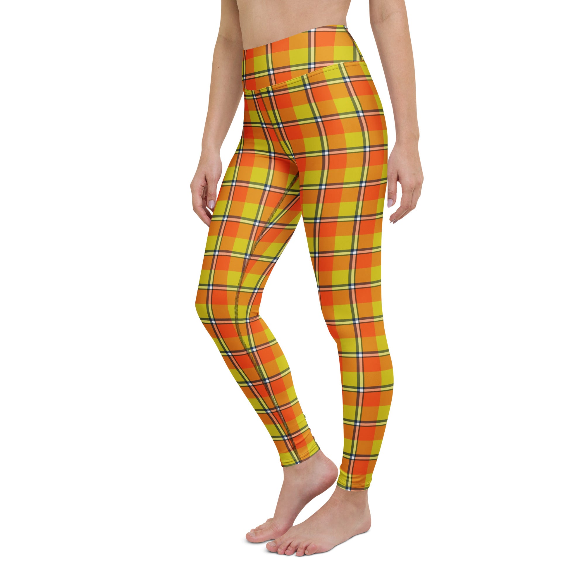 Yoga Leggings Blaze Orange and Bird Flower Plaid - Scottish Squares
