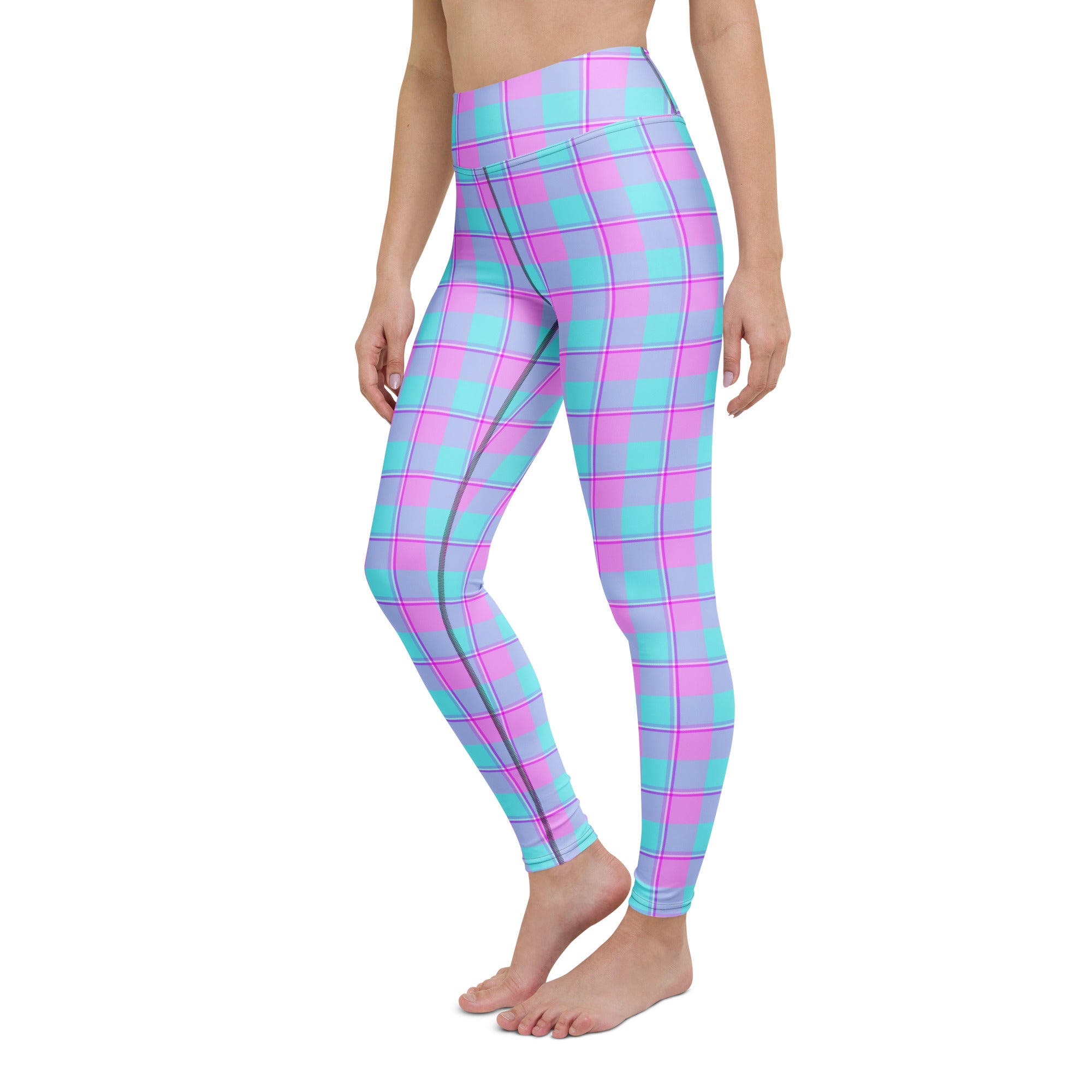 Yoga Leggings Mauve and Coastal Mist Plaid - Scottish Squares