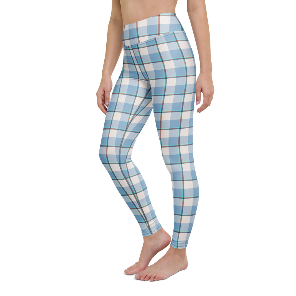 Yoga Leggings Pink Cloud and Blue Lagoon Plaid - Scottish Squares