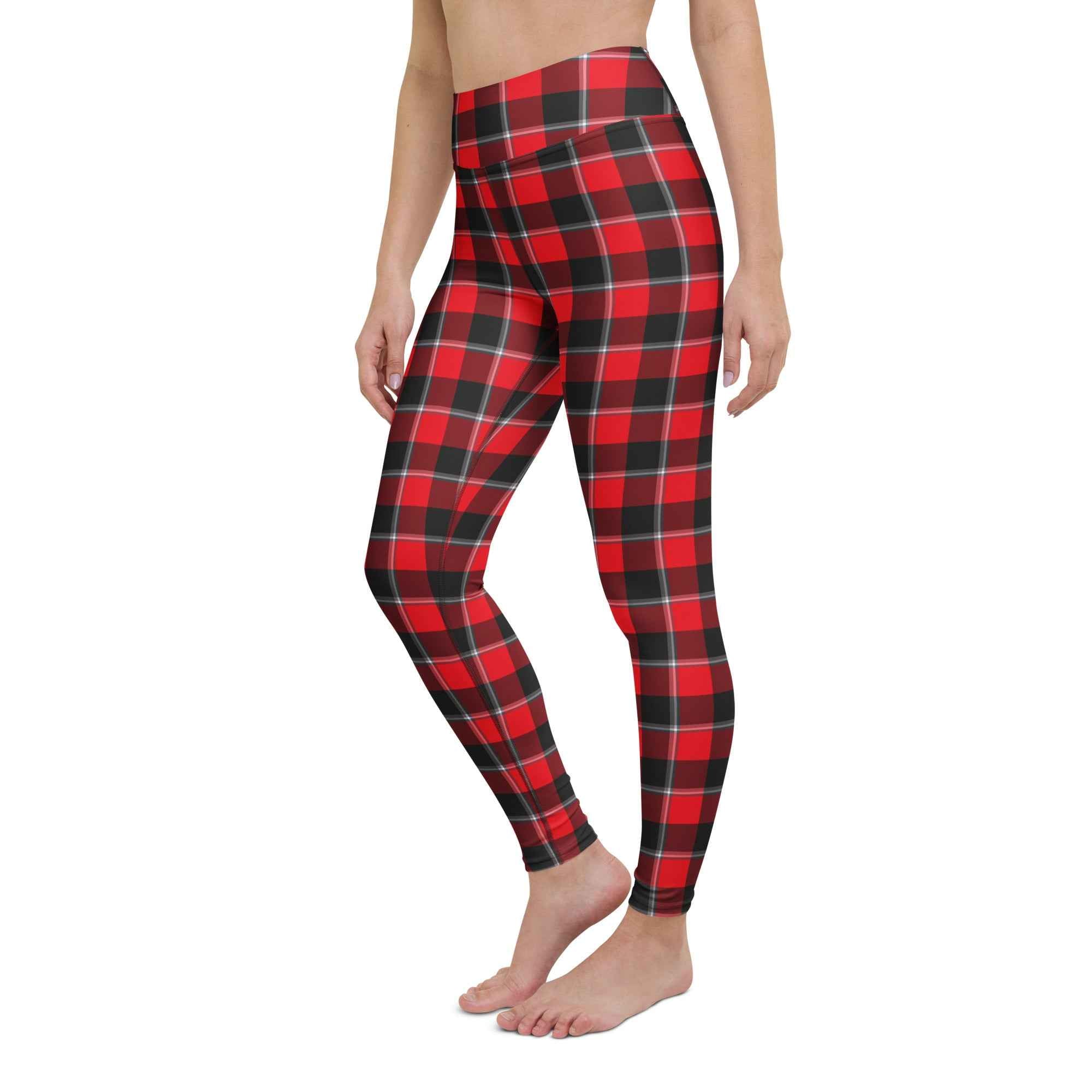 Yoga Leggings Red Ribbon and Heavy Metal Plaid - Scottish Squares
