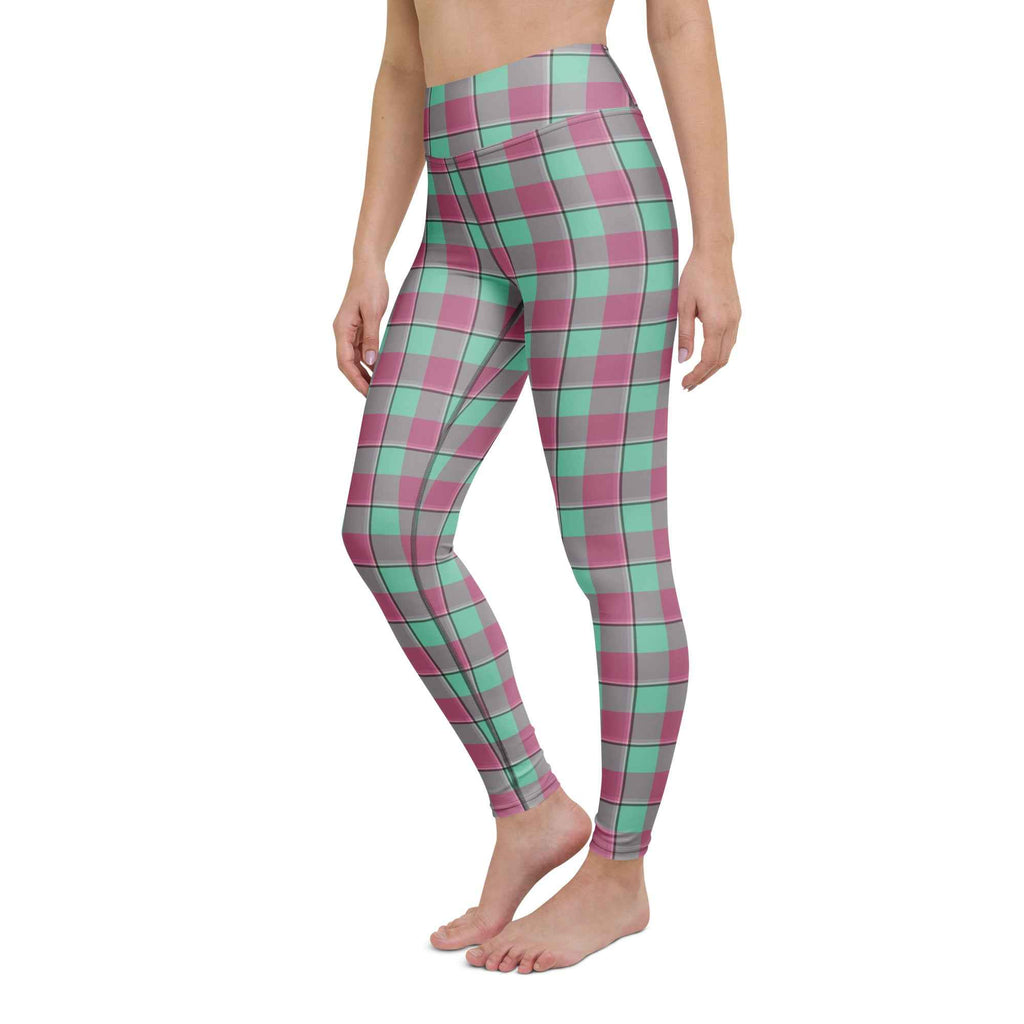 Yoga Leggings Vista Blue and Turkish Rose Plaid - Scottish Squares