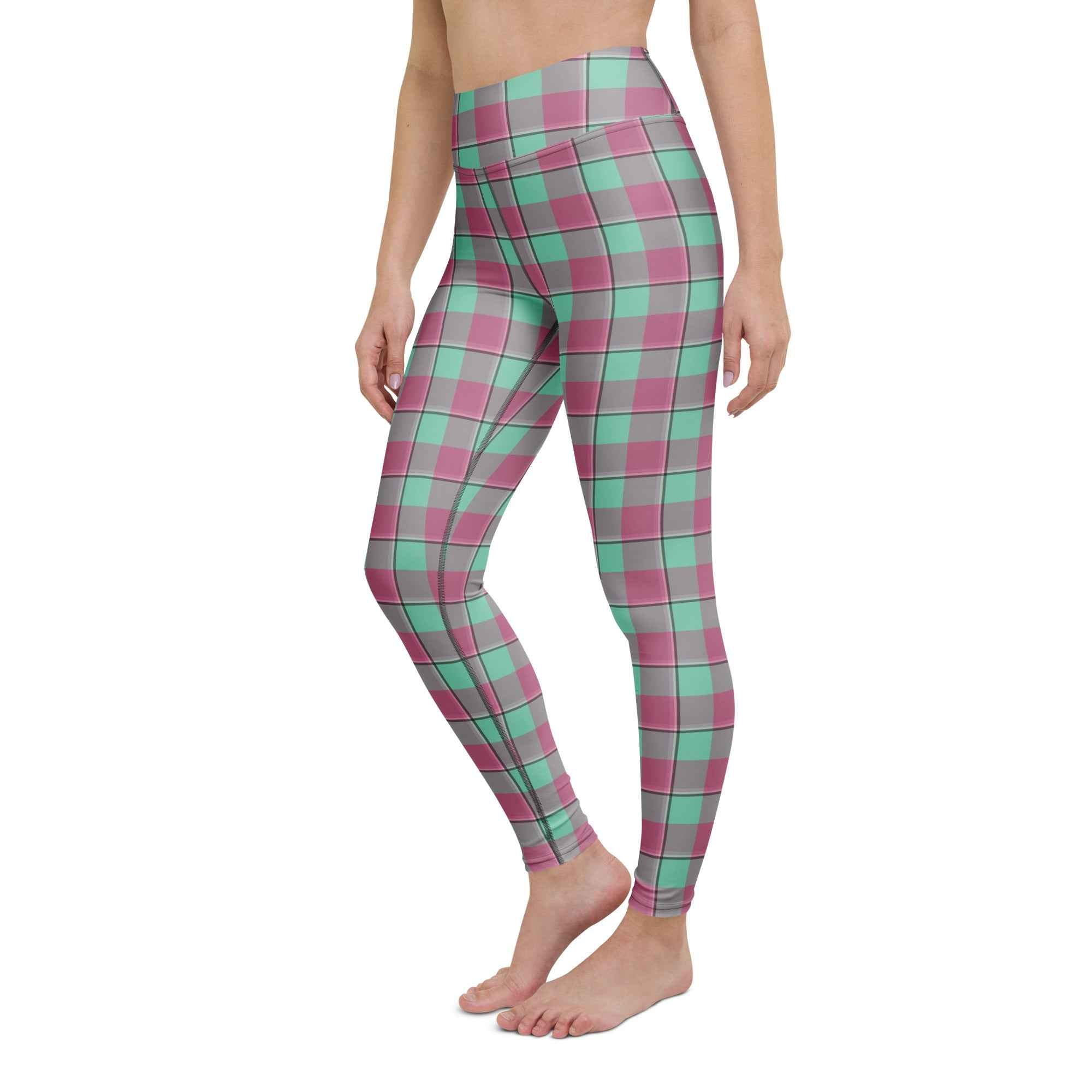 Yoga Leggings Vista Blue and Turkish Rose Plaid - Scottish Squares