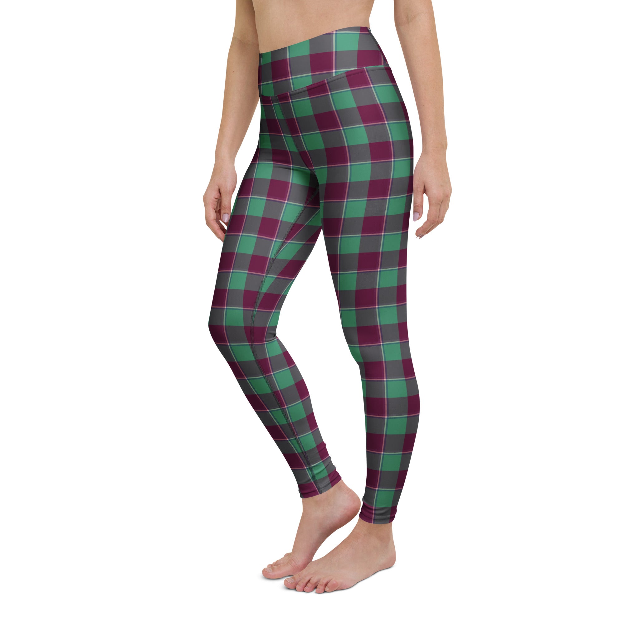 Yoga Leggings Ocean Green and Mulberry Wood Plaid - Scottish Squares