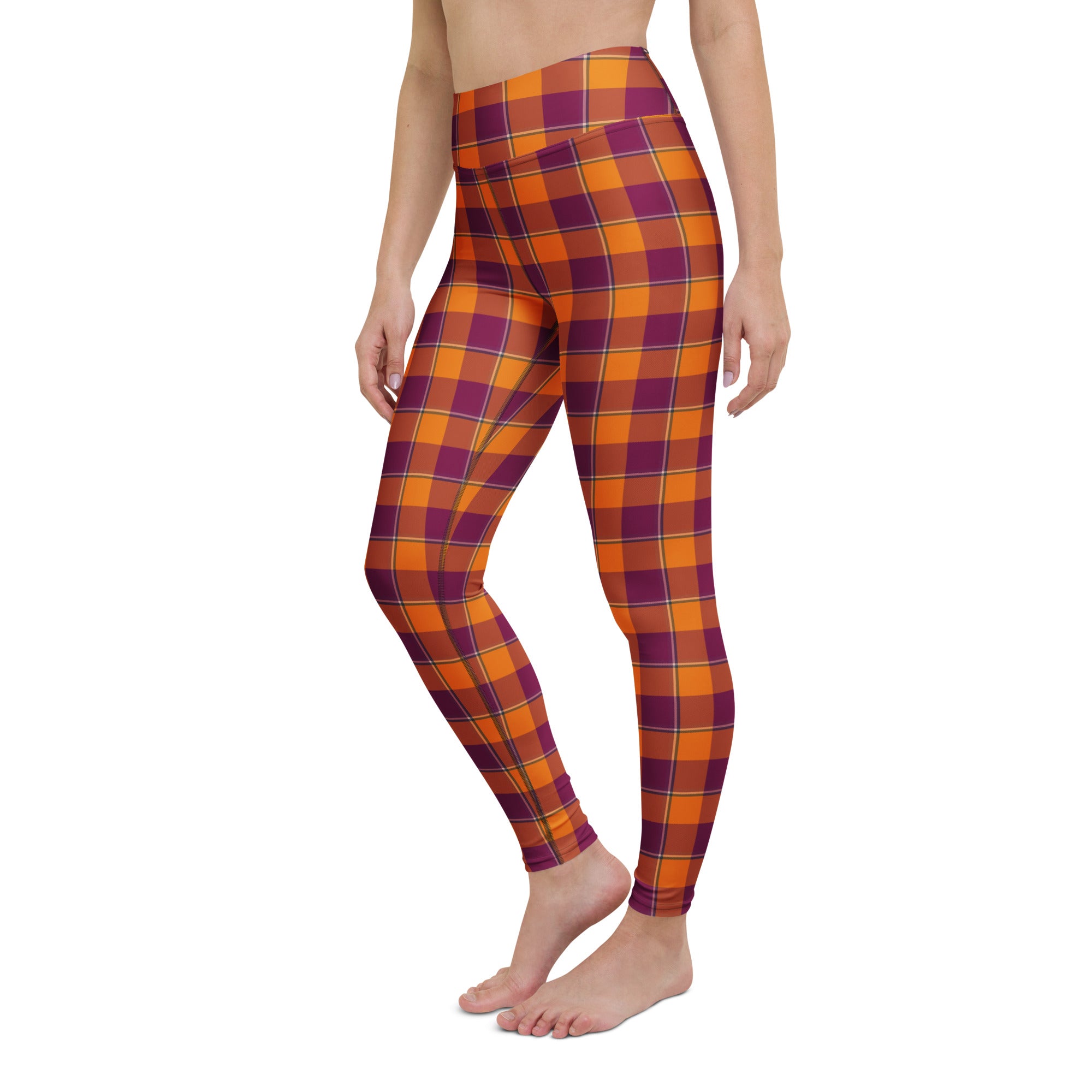 Yoga Leggings Tahiti Gold and Rose Bud Cherry Plaid - Scottish Squares